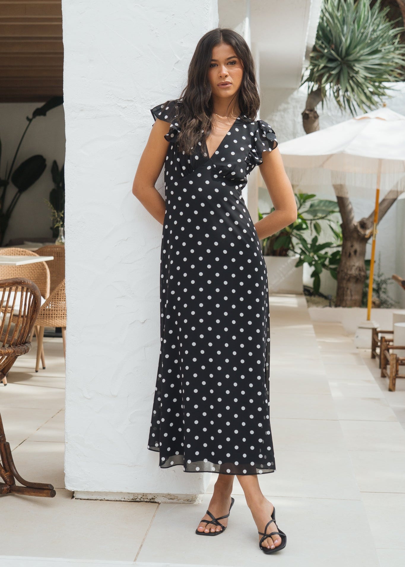 V Neck Angel Sleeves Skater Midi Dress