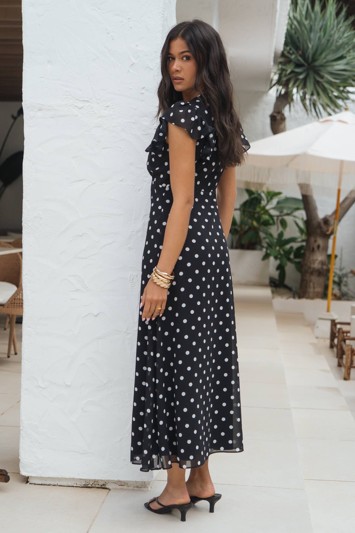 Black V Neck Angel Sleeves Skater Midi Dress