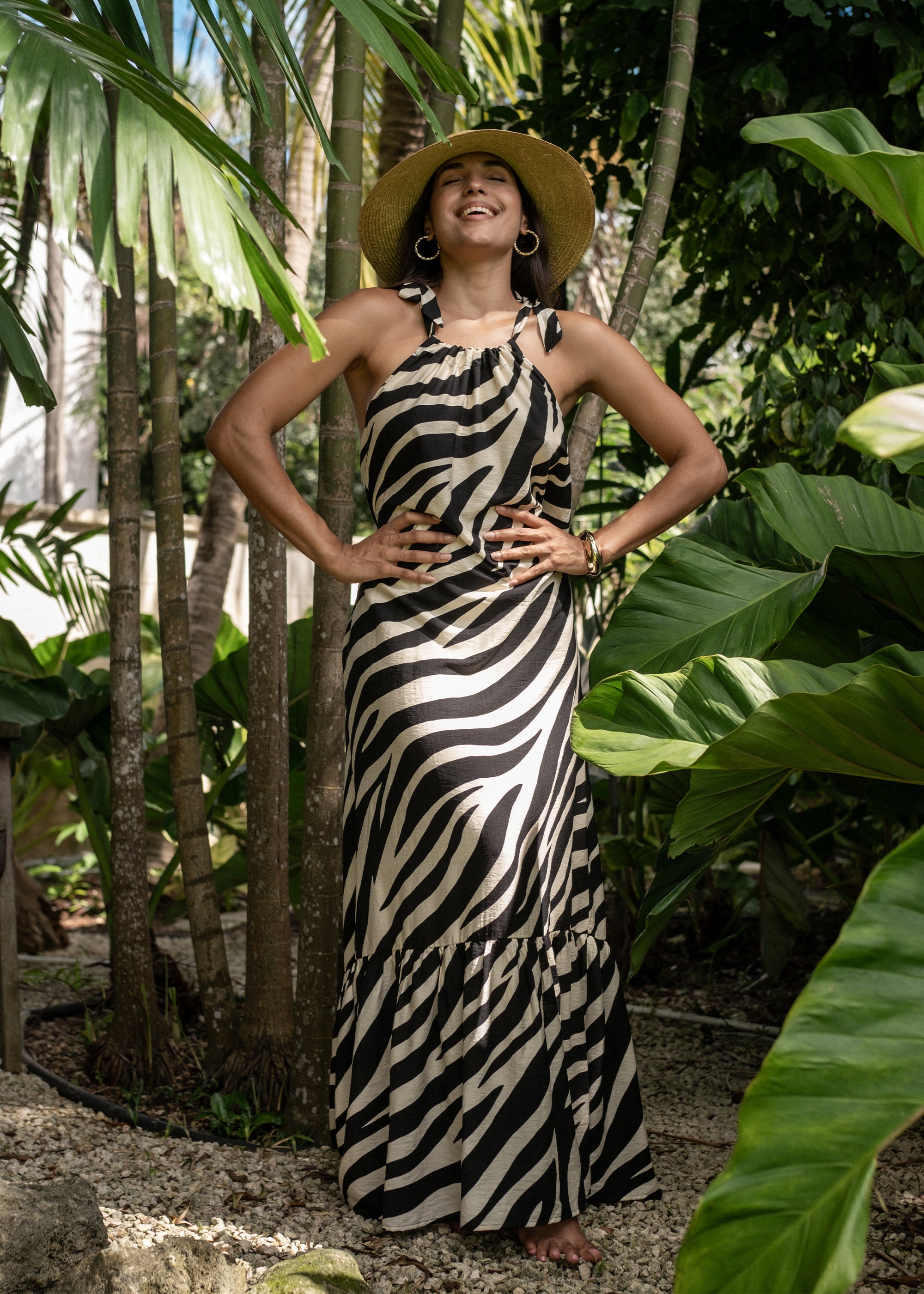 Mono Zebra Print Tie Shoulder Maxi Dress