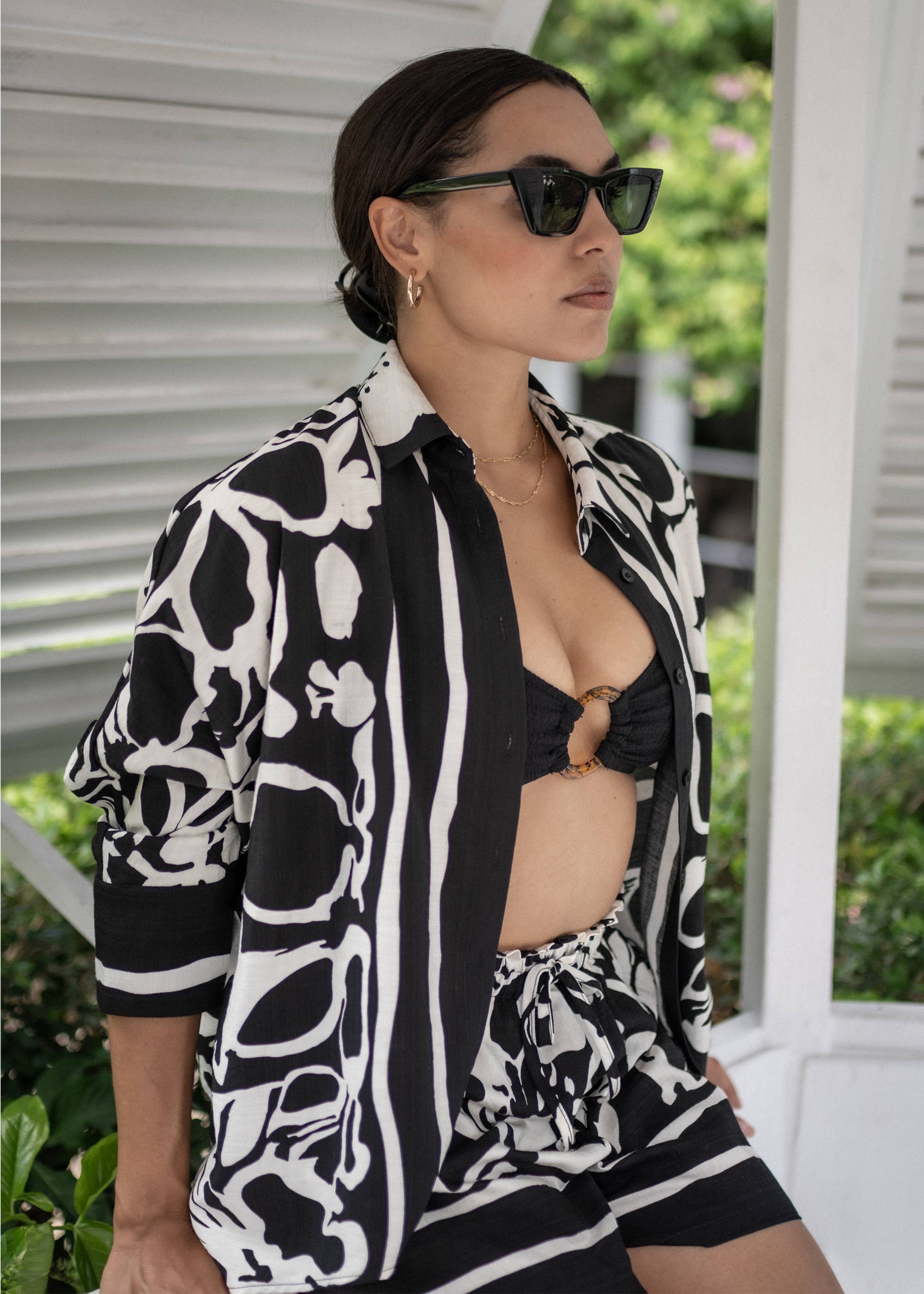 Mono Border Print Viscose Oversized Shirt