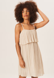 Beige Strappy Layered Top Pleated Mini Dress