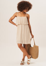 Beige Strappy Layered Top Pleated Mini Dress