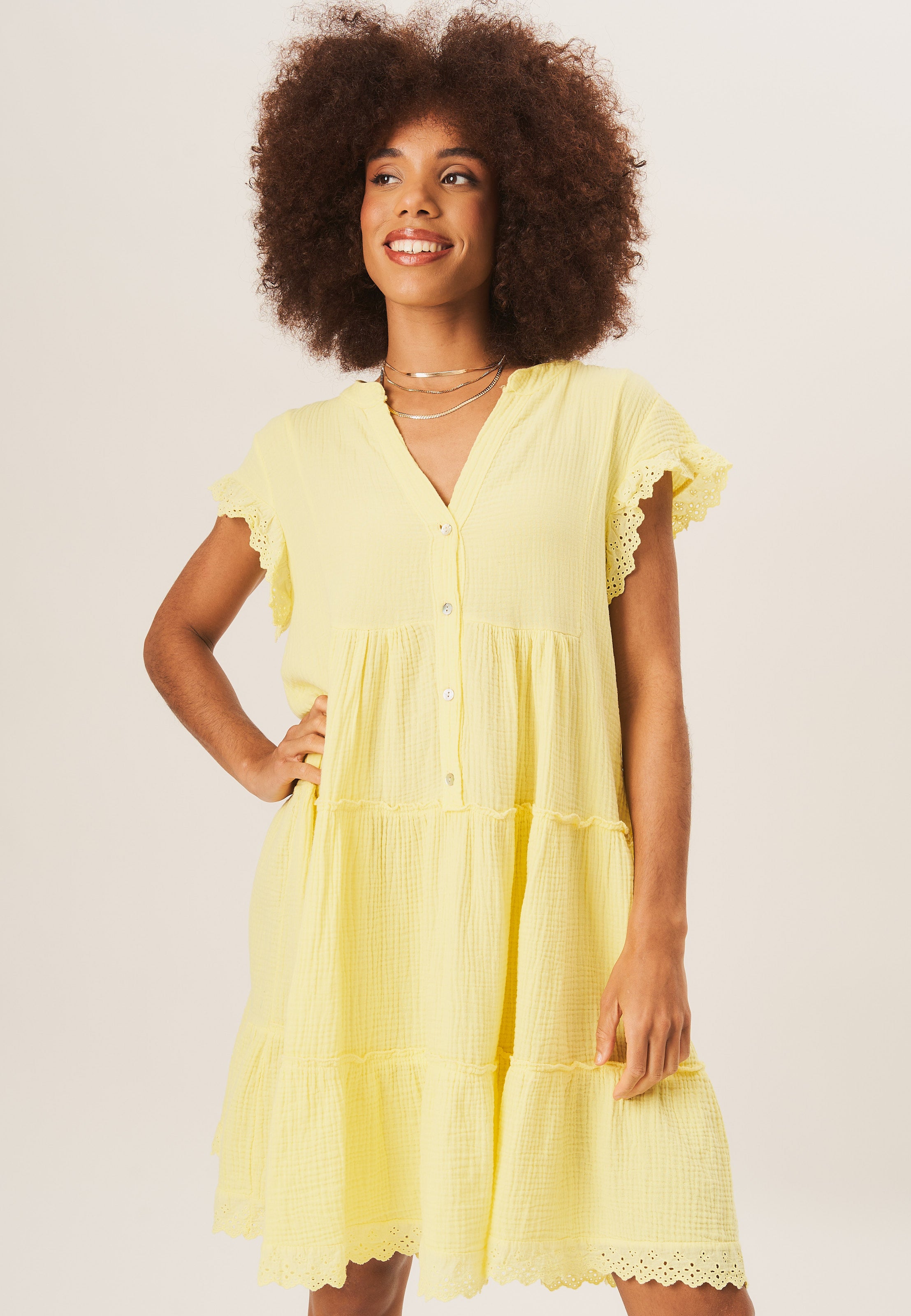 Yellow Button Front Tiered Flare Mini Dress