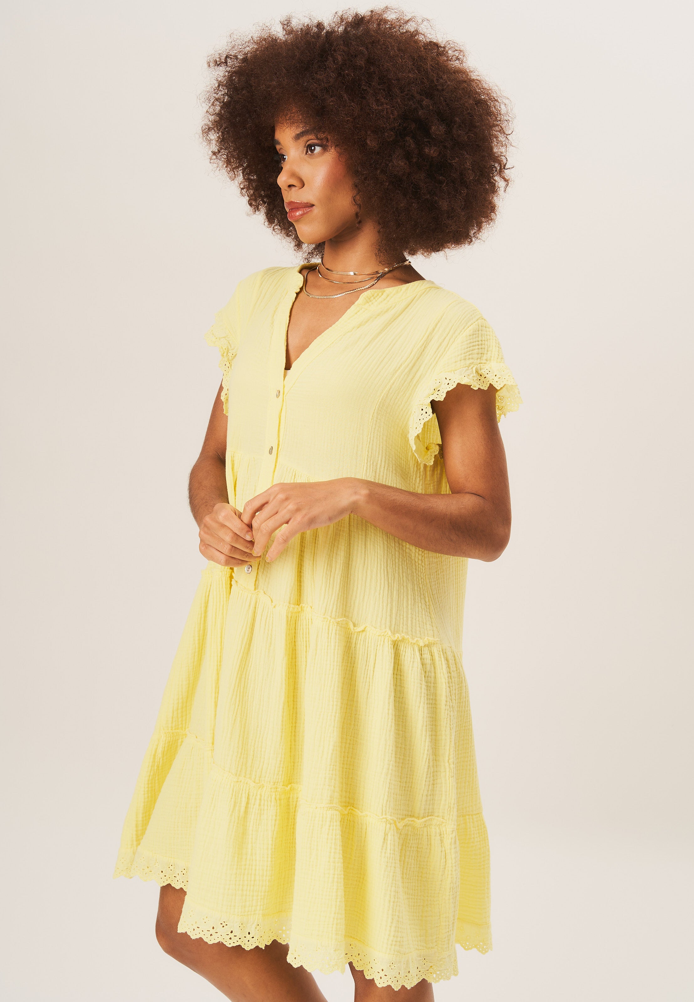 Yellow Button Front Tiered Flare Mini Dress