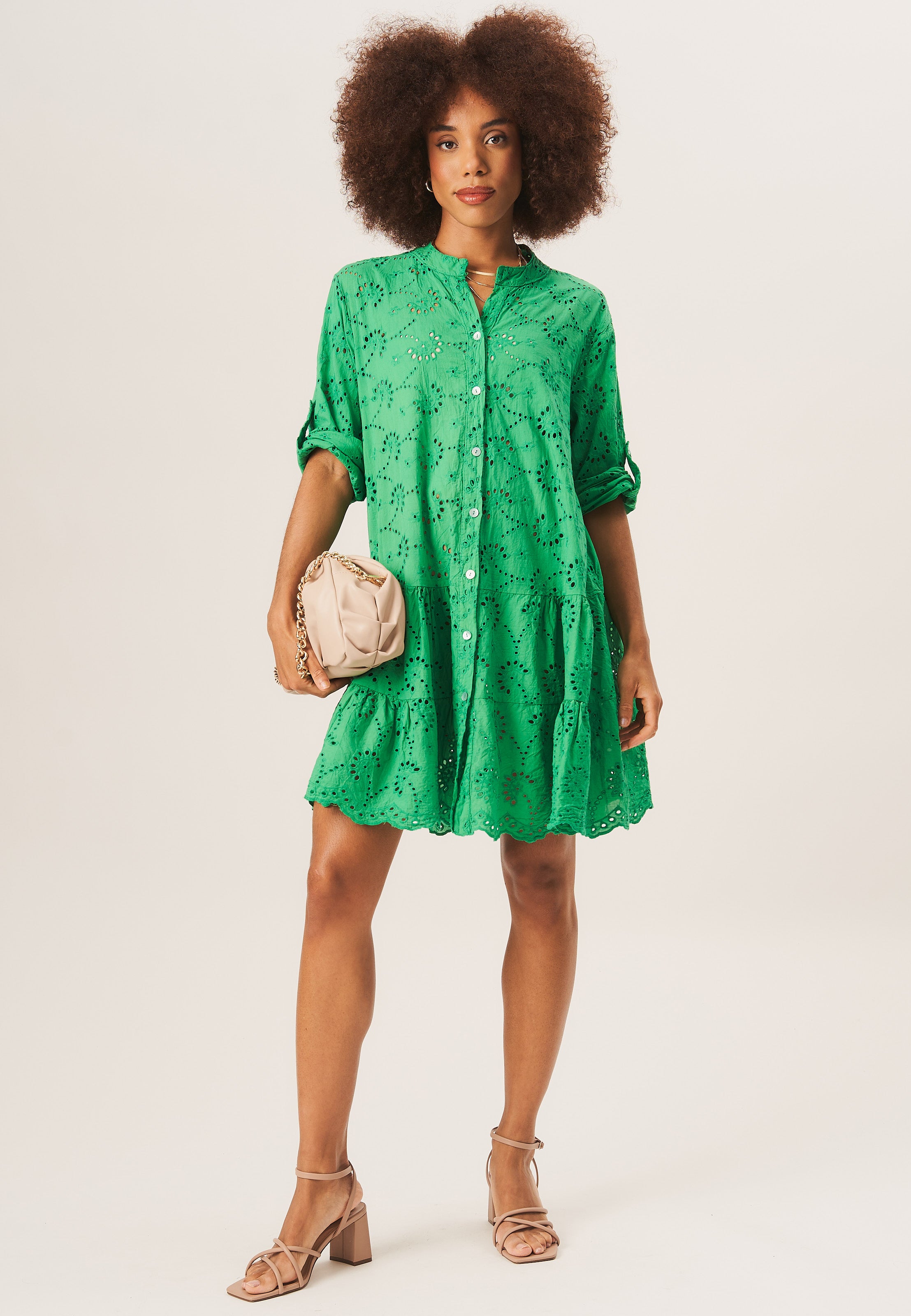 Green Eyelet Mini Shirt Dress