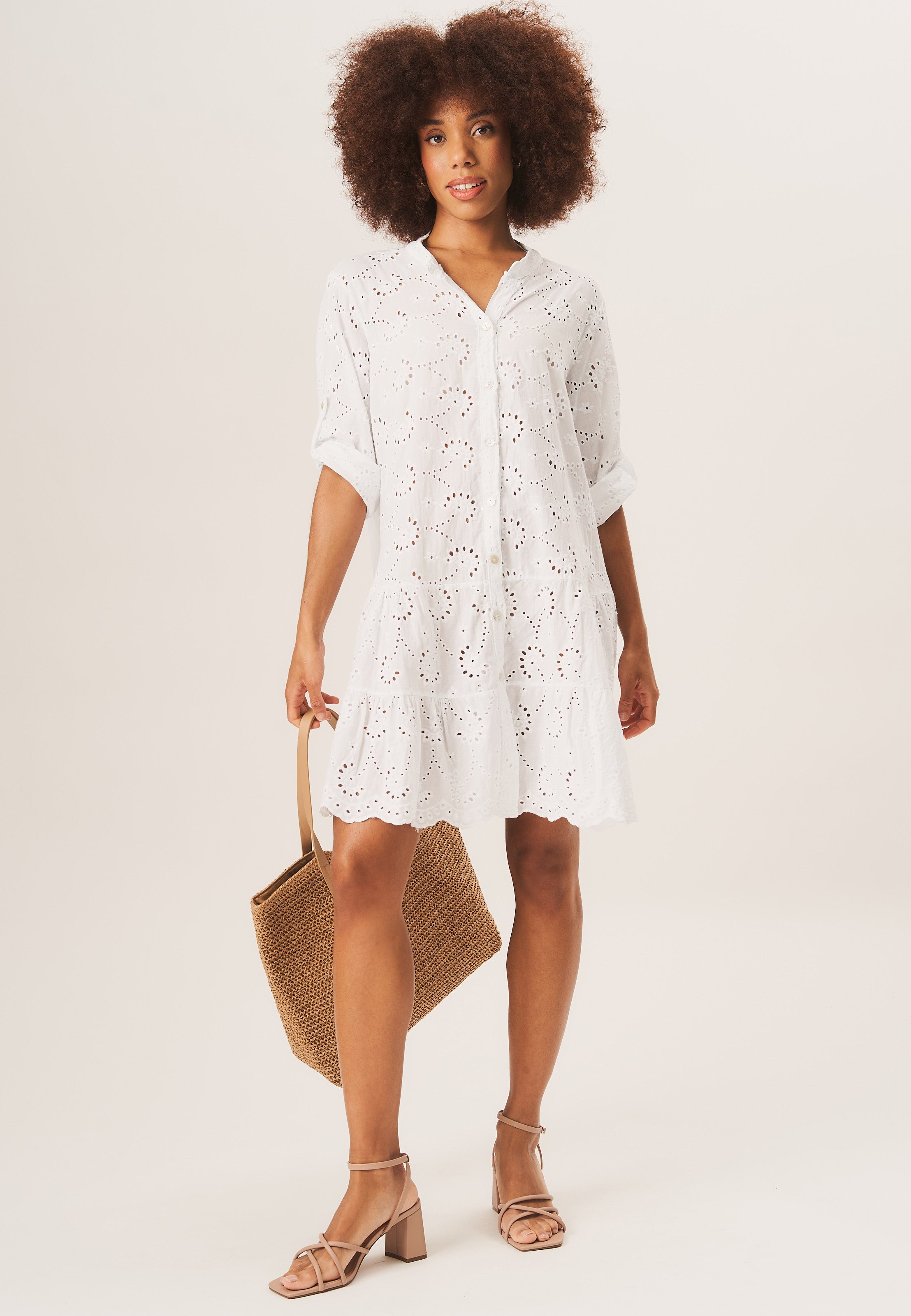 White Eyelet Mini Shirt Dress