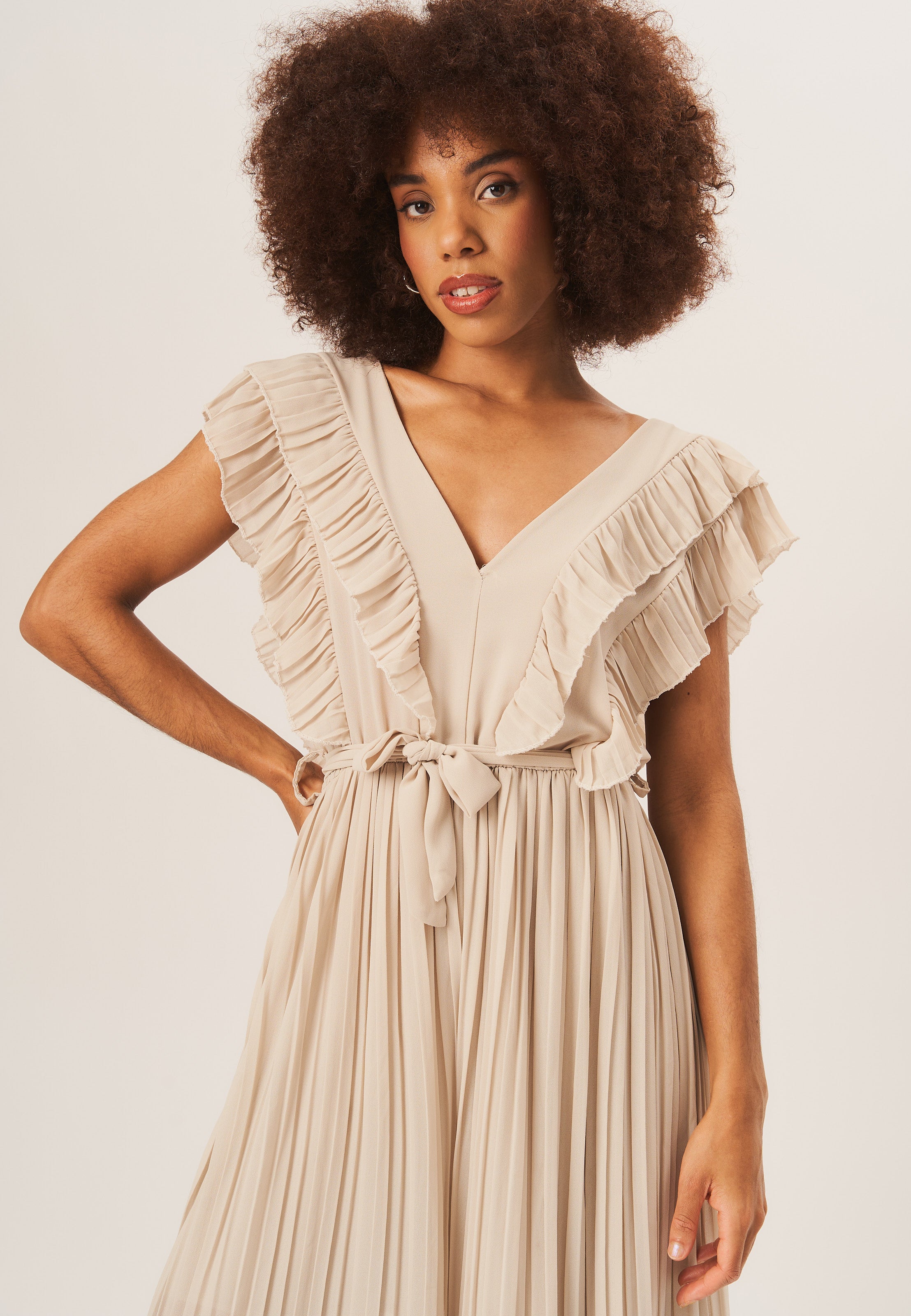 Beige Ruffle Detail Pleated Culotte Jumpsuit