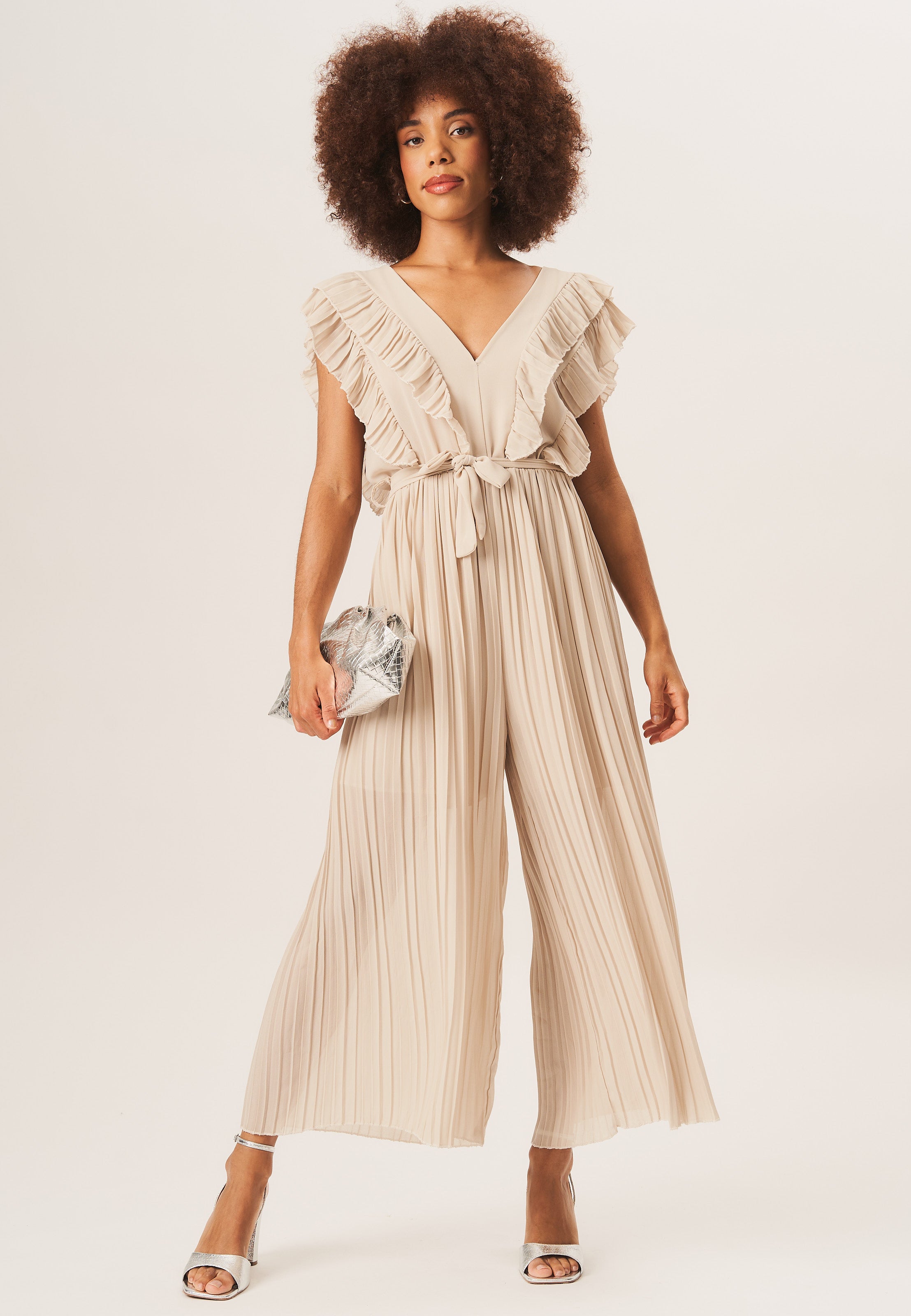 Beige Ruffle Detail Pleated Culotte Jumpsuit