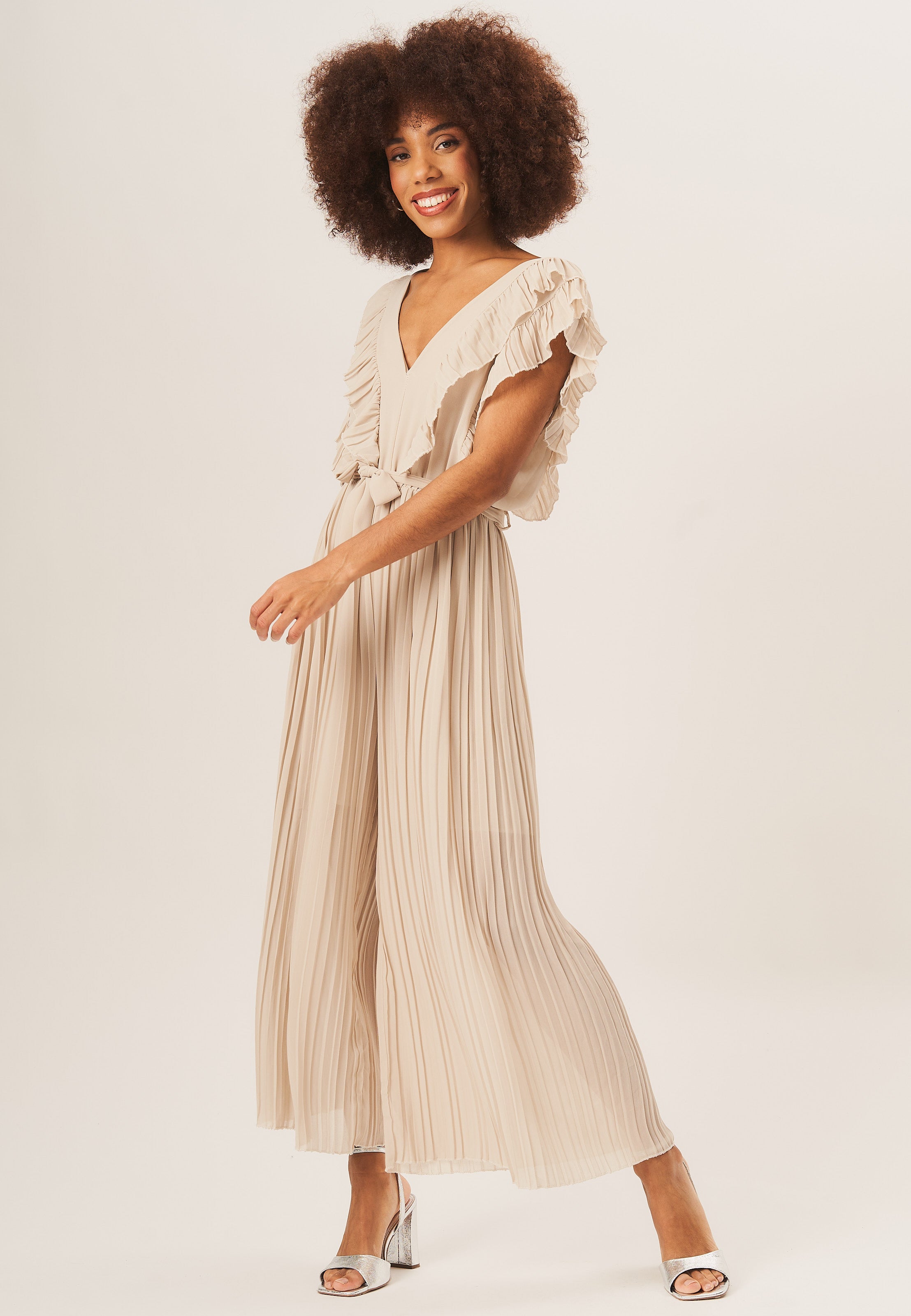 Beige Ruffle Detail Pleated Culotte Jumpsuit