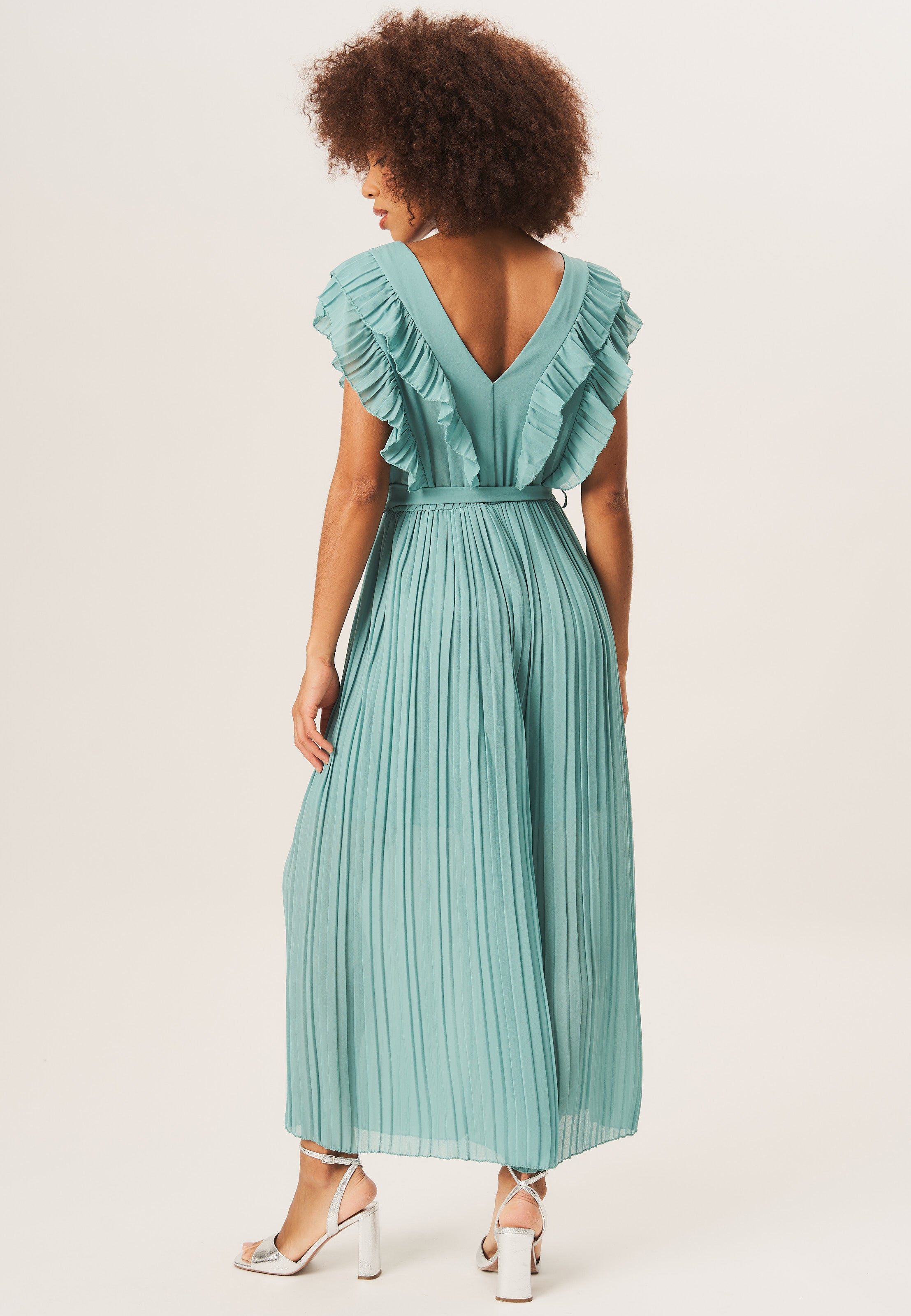 Teal Ruffle Detail Pleated Culotte Jumpsuit