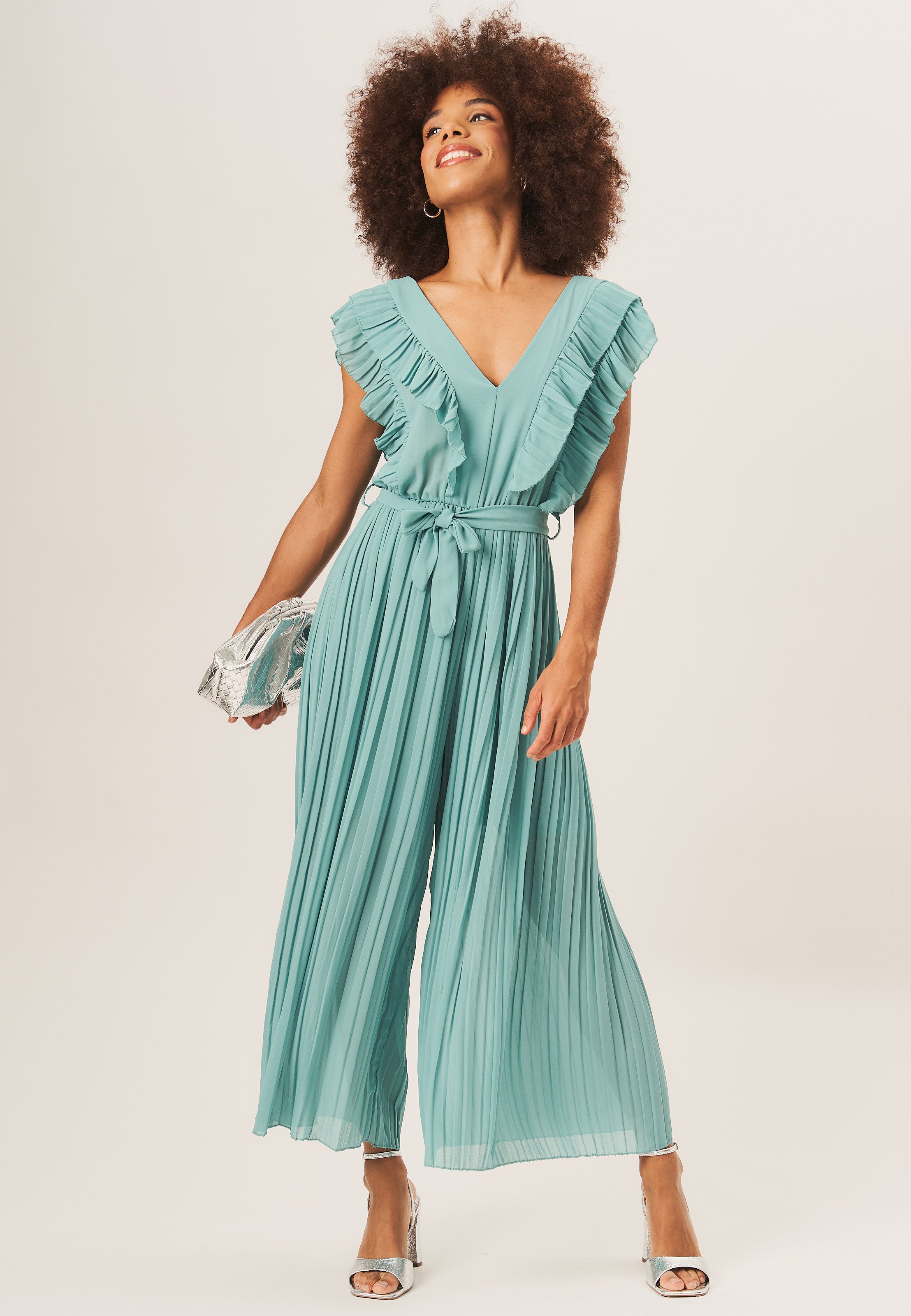 Teal Ruffle Detail Pleated Culotte Jumpsuit