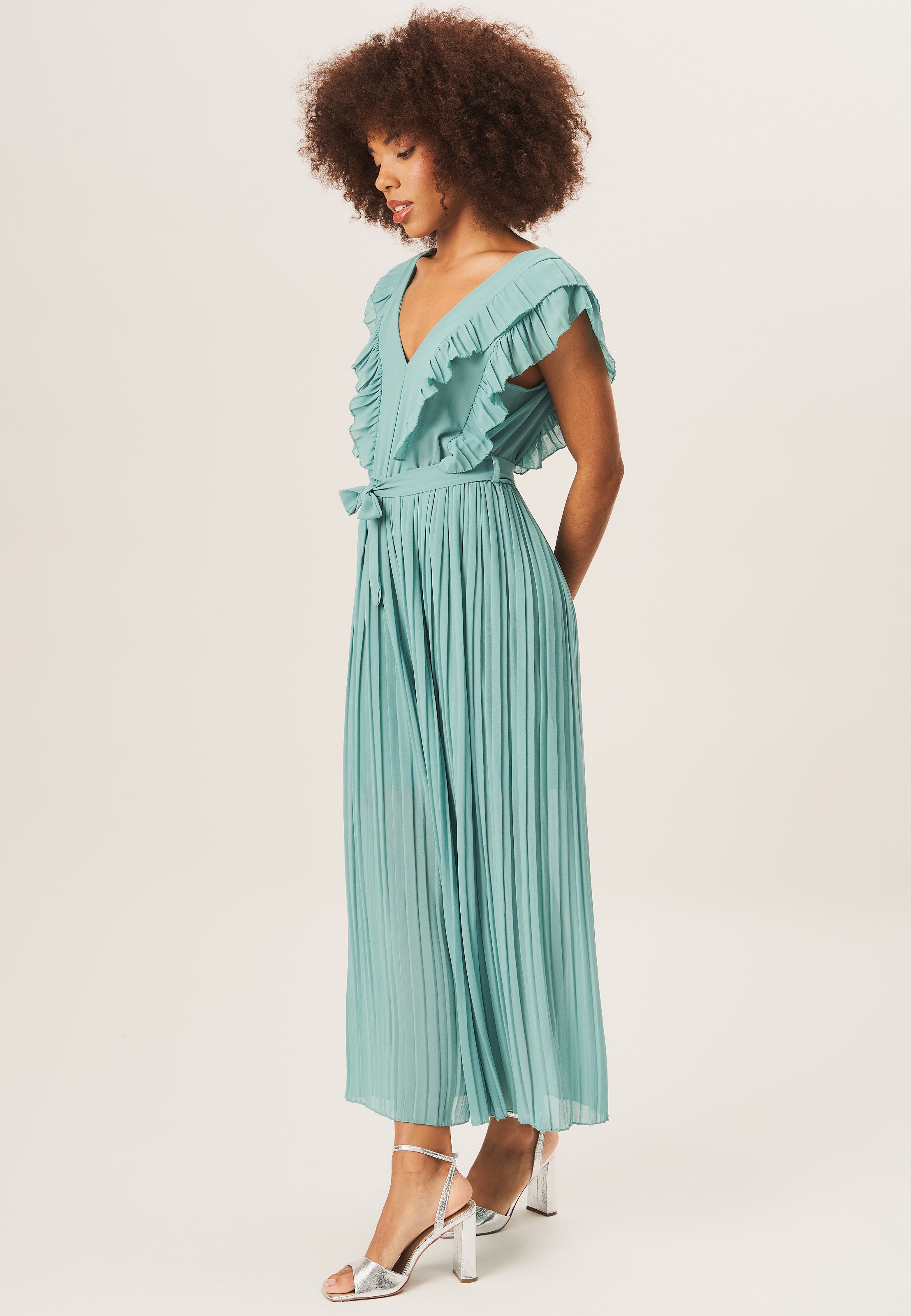 Teal Ruffle Detail Pleated Culotte Jumpsuit