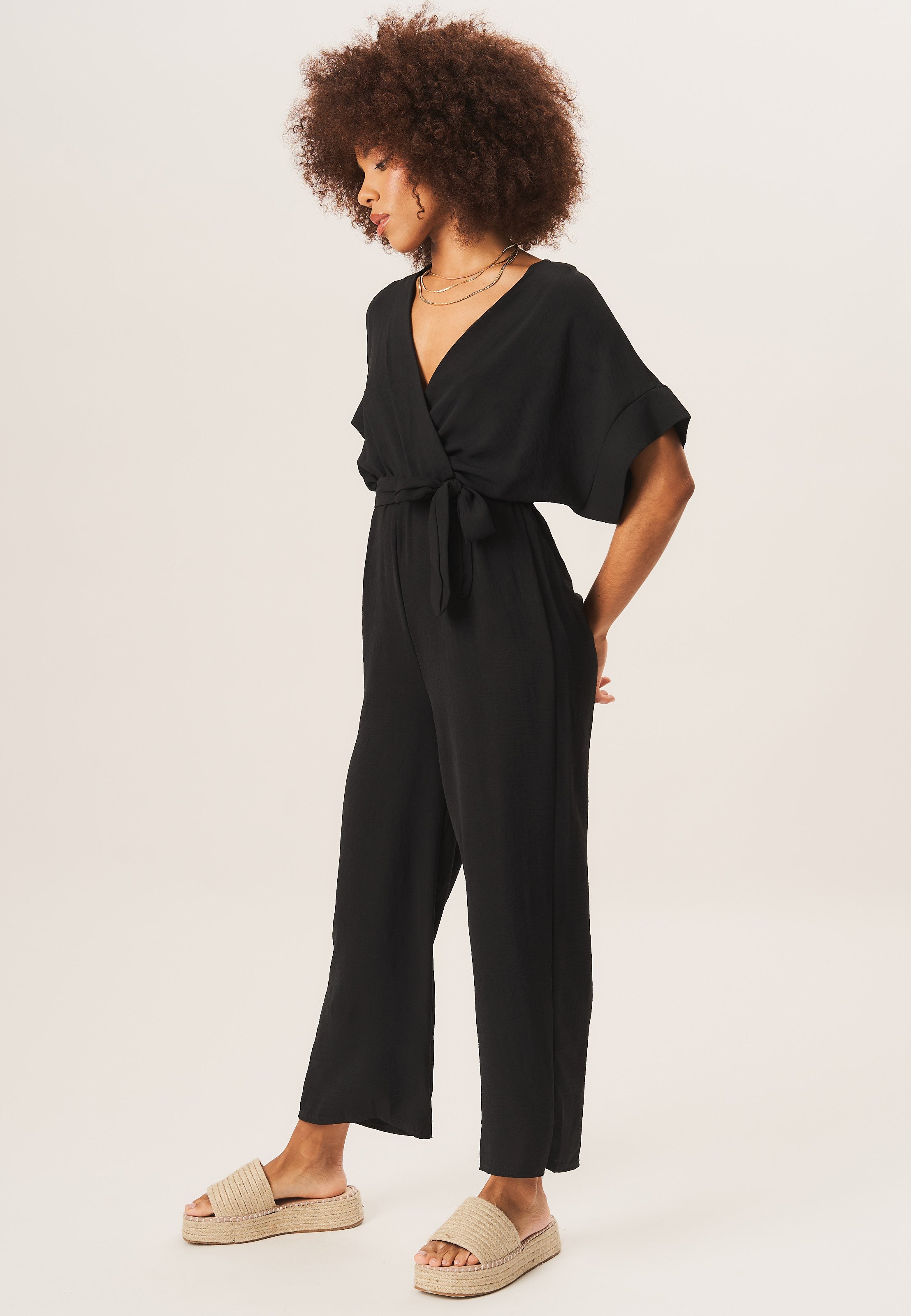 Black Dropped Shoulder Wrap Midi Jumpsuit