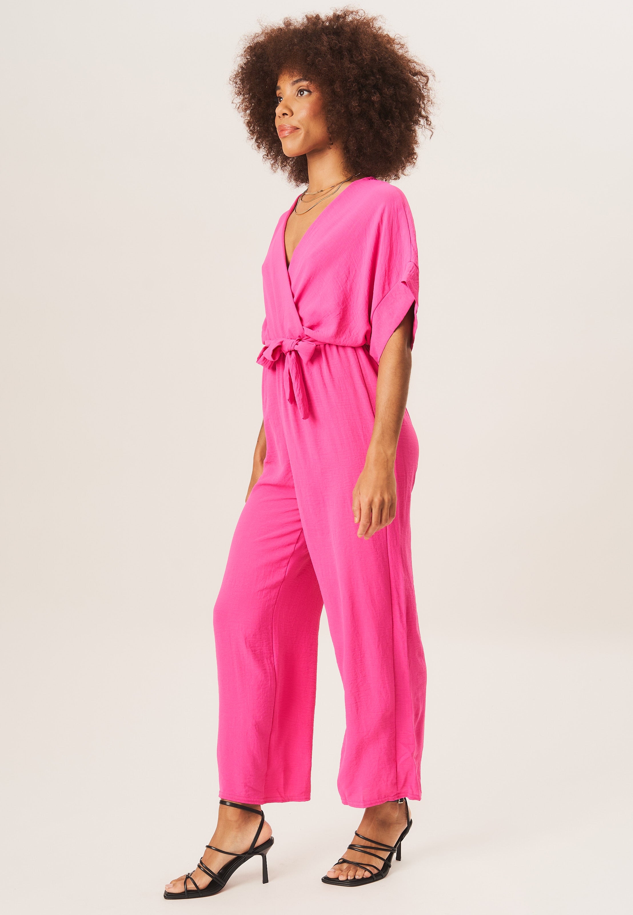 Hot Pink Dropped Shoulder Wrap Midi Jumpsuit