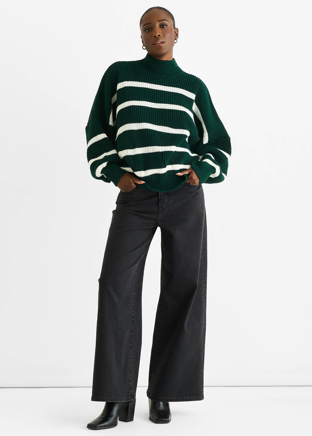 Green Chunky Knit High Neck Jumper – View 2 | Gini London