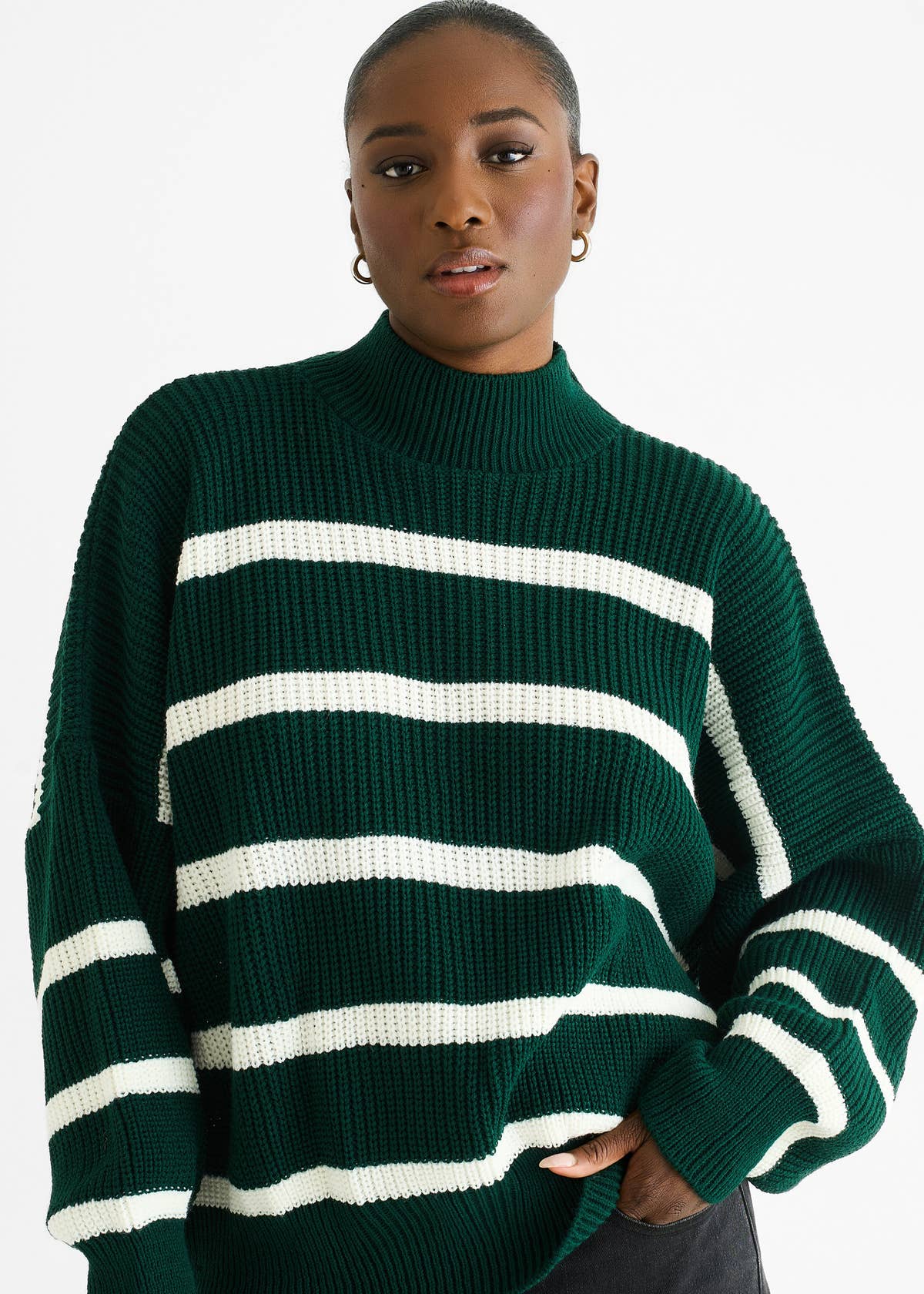 Green Chunky Knit High Neck Jumper – View 1 | Gini London
