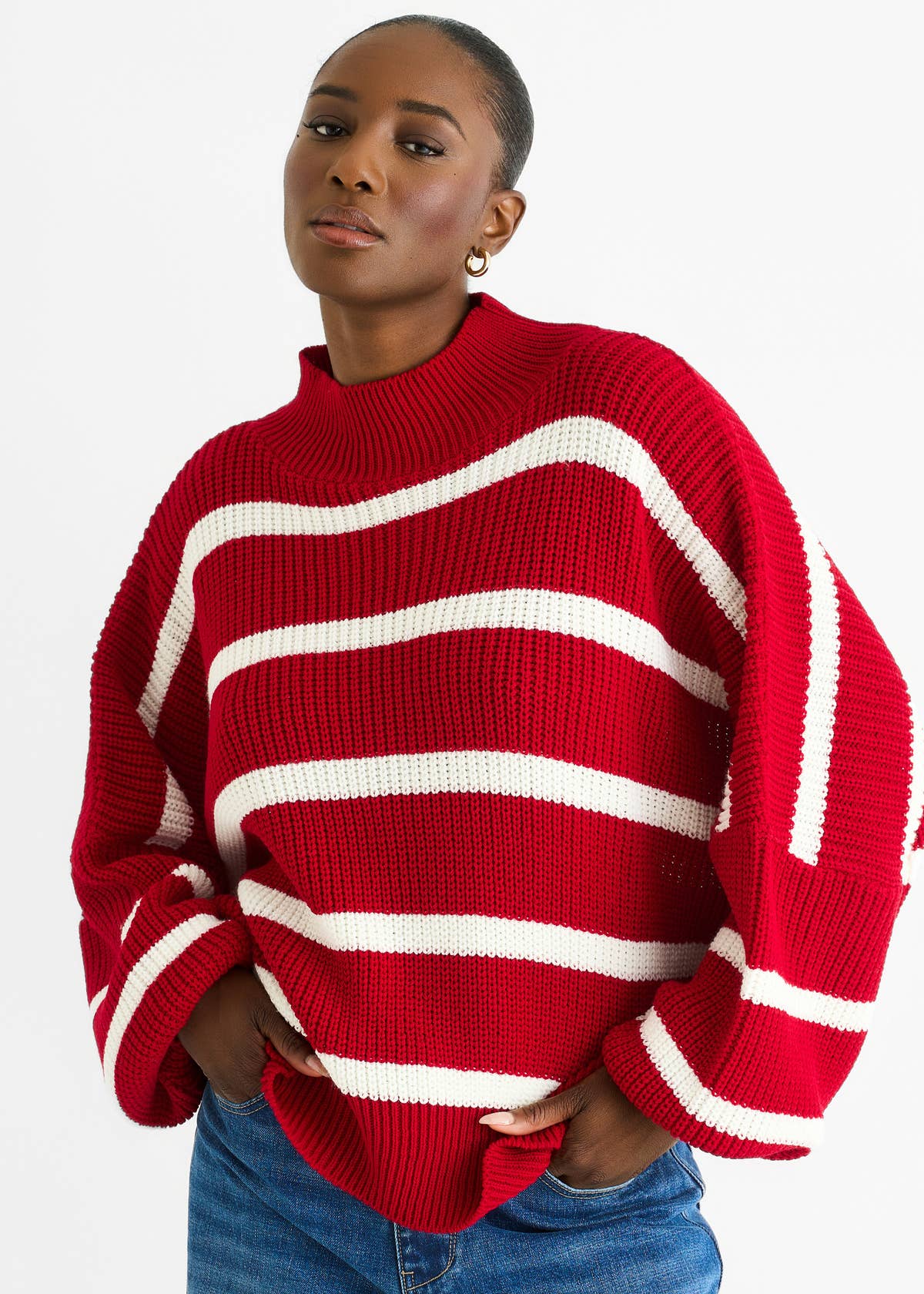 Red Chunky Knit High Neck Jumper – View 3 | Gini London