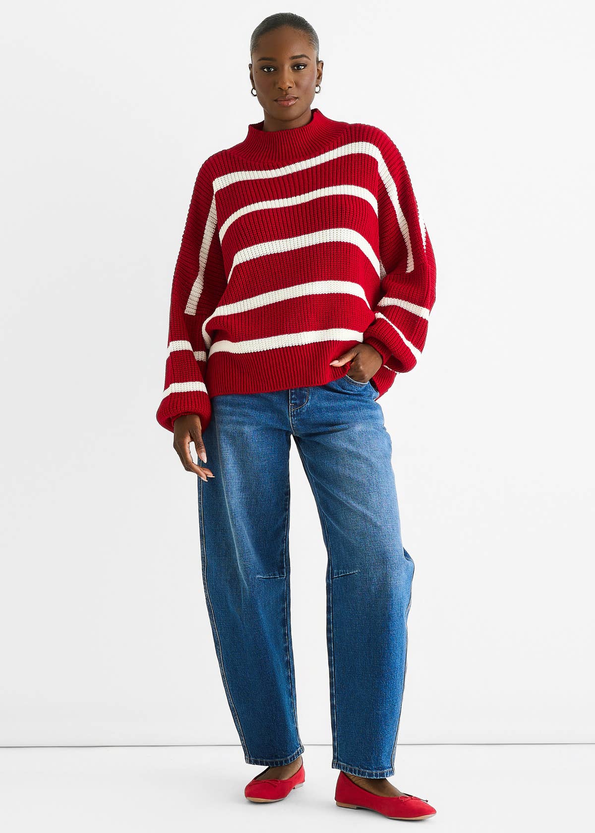 Red Chunky Knit High Neck Jumper – View 1 | Gini London