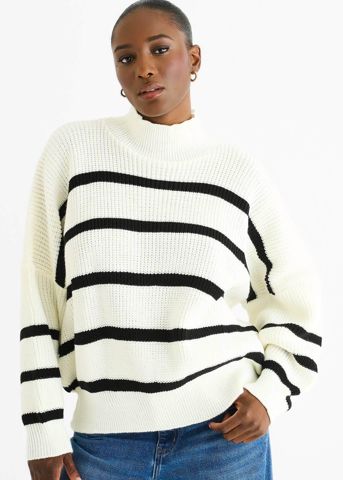 Cream Chunky Knit High Neck Jumper – View 1 | Gini London