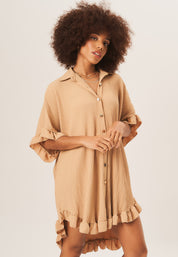 Beige Plisse Ruffle Detail Mini Shirt Dress