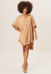 Beige Plisse Ruffle Detail Mini Shirt Dress