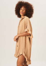 Beige Plisse Ruffle Detail Mini Shirt Dress