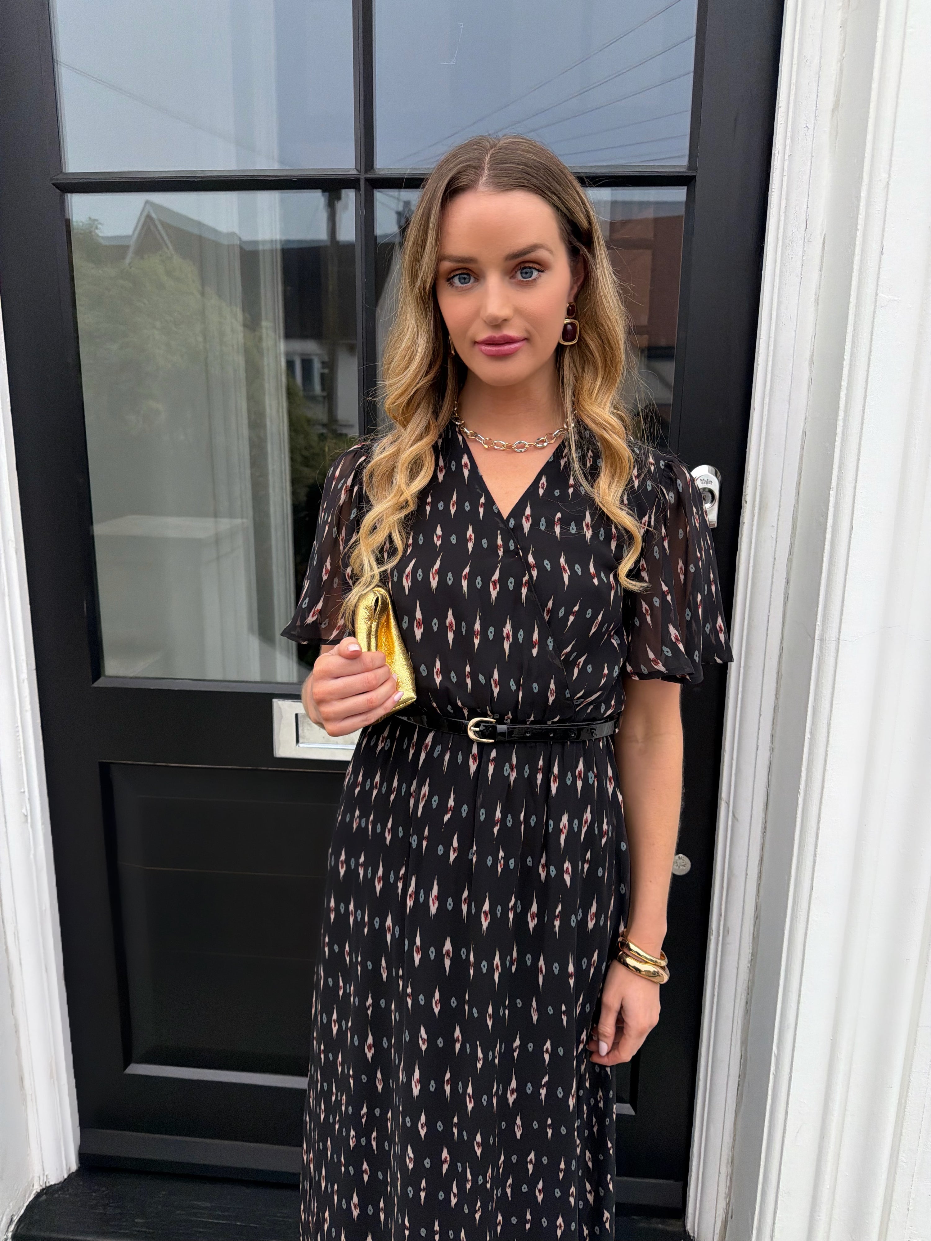 Black Silk Geo Print Midi Dress