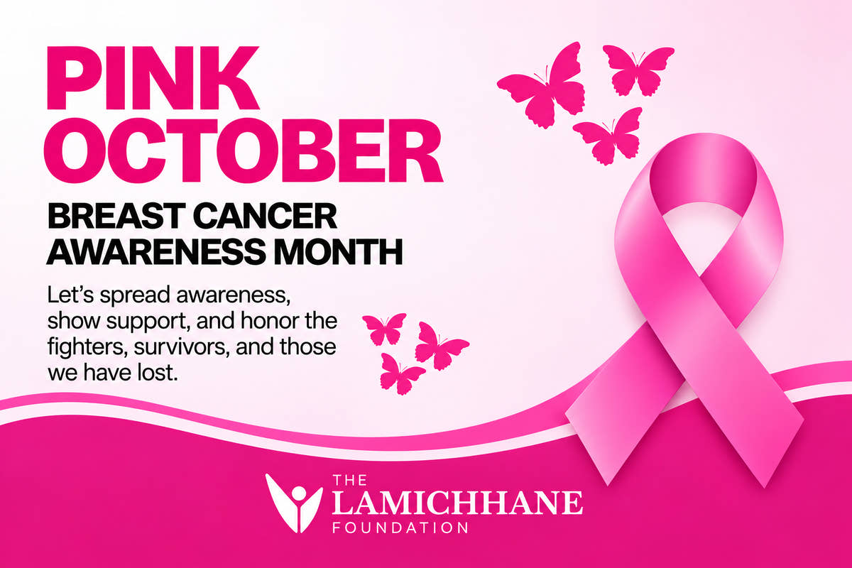 Pink breast cancer awareness poster with the text 'PINK OCTOBER' and 'BREAST CANCER AWARENESS MONTH,' a large pink ribbon, butterflies, and the Lamichlane Foundation logo at the bottom.