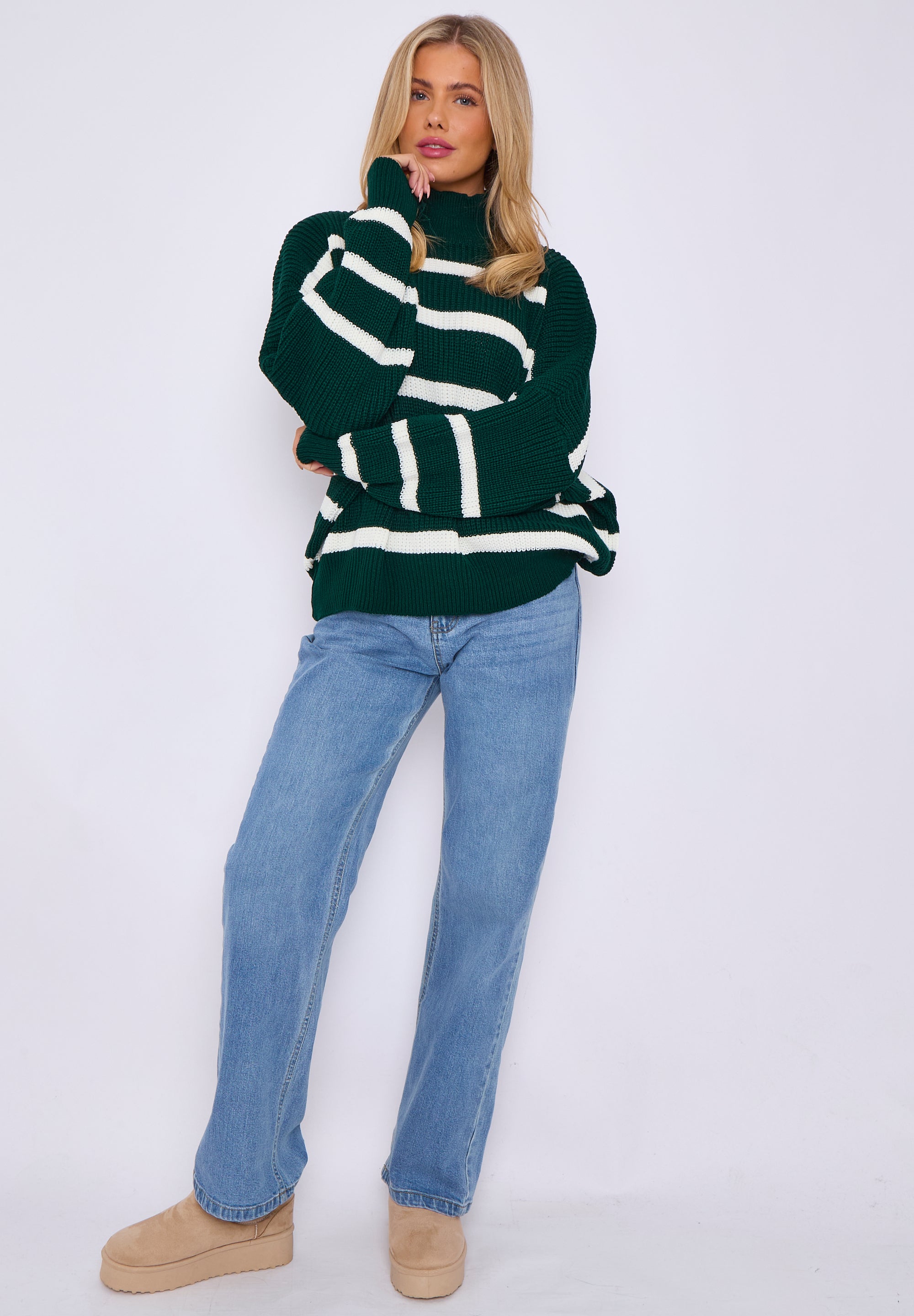 Green Chunky Knit High Neck Jumper