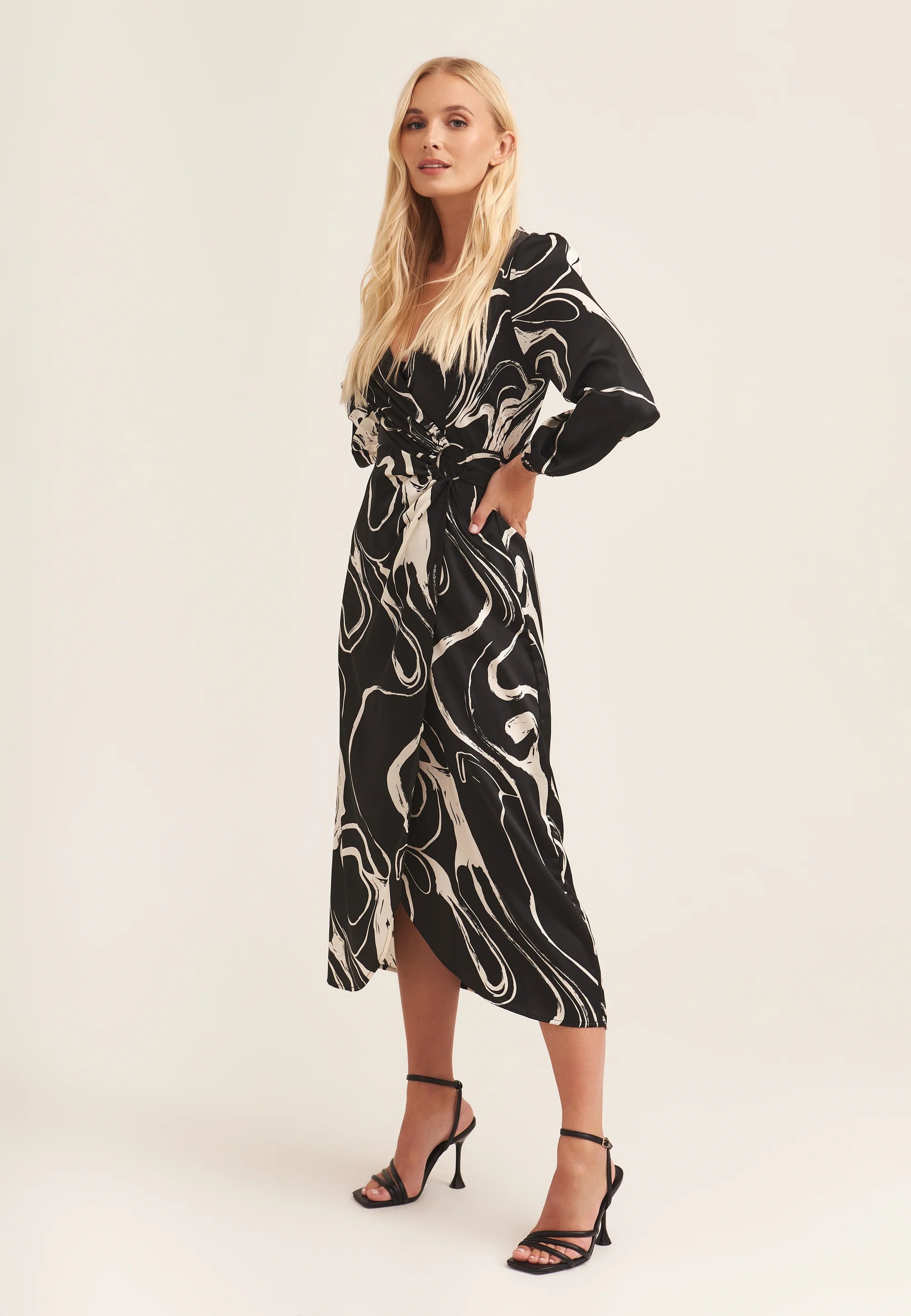 Swirl Print Ring Detail Wrap Midi Dress