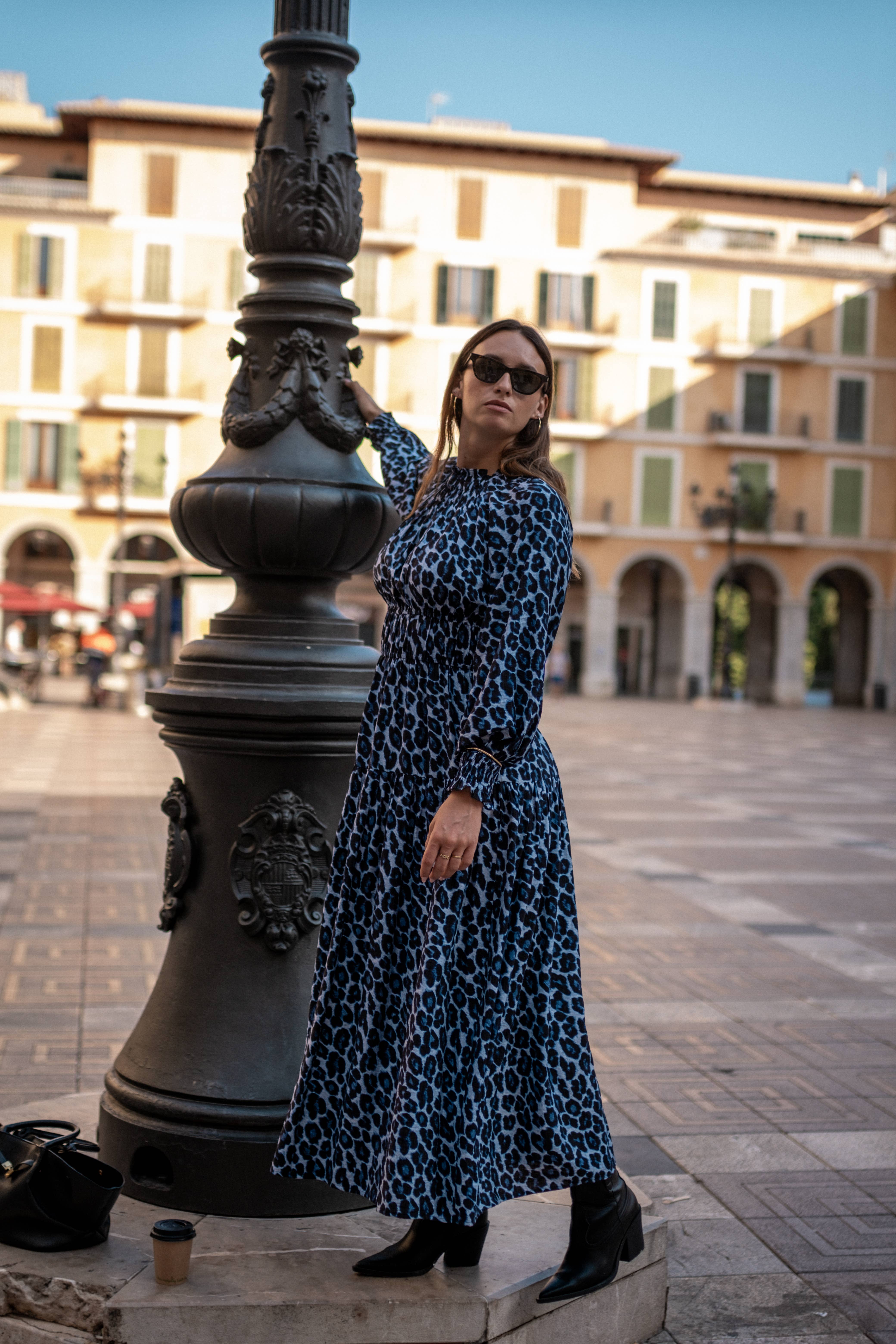 Blue Animal Print Shirred High Neck Maxi Dress