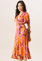 Multi Large Floral Print Wrap Occasion Midi Dress