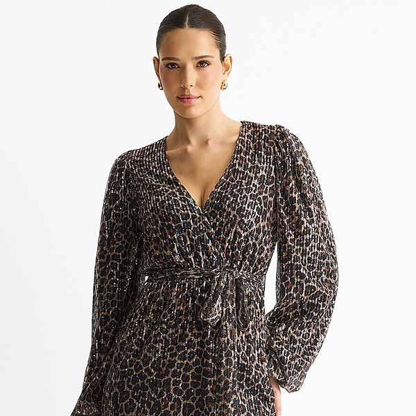 Black Animal Sequin Wrap Elasticated Waist Mini Dress– View 3 | Gini London