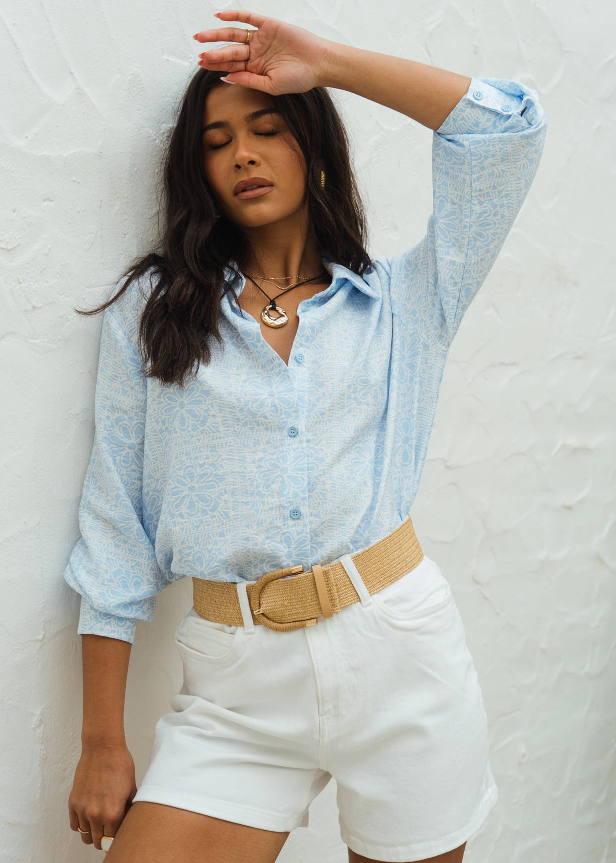 Cotton Mix Blue Tile Print Button-Through Shirt