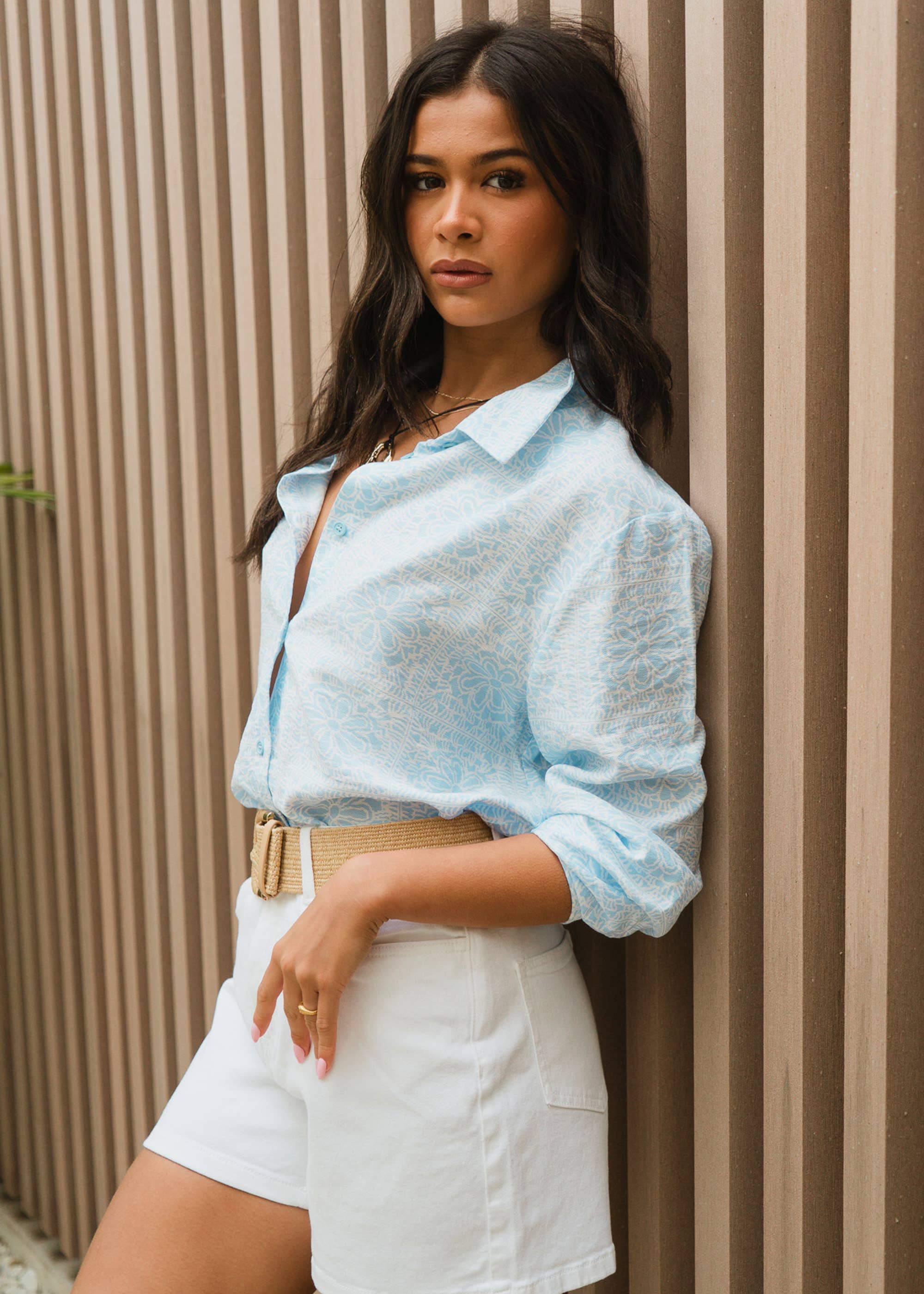 Cotton Mix Blue Tile Print Button-Through Shirt
