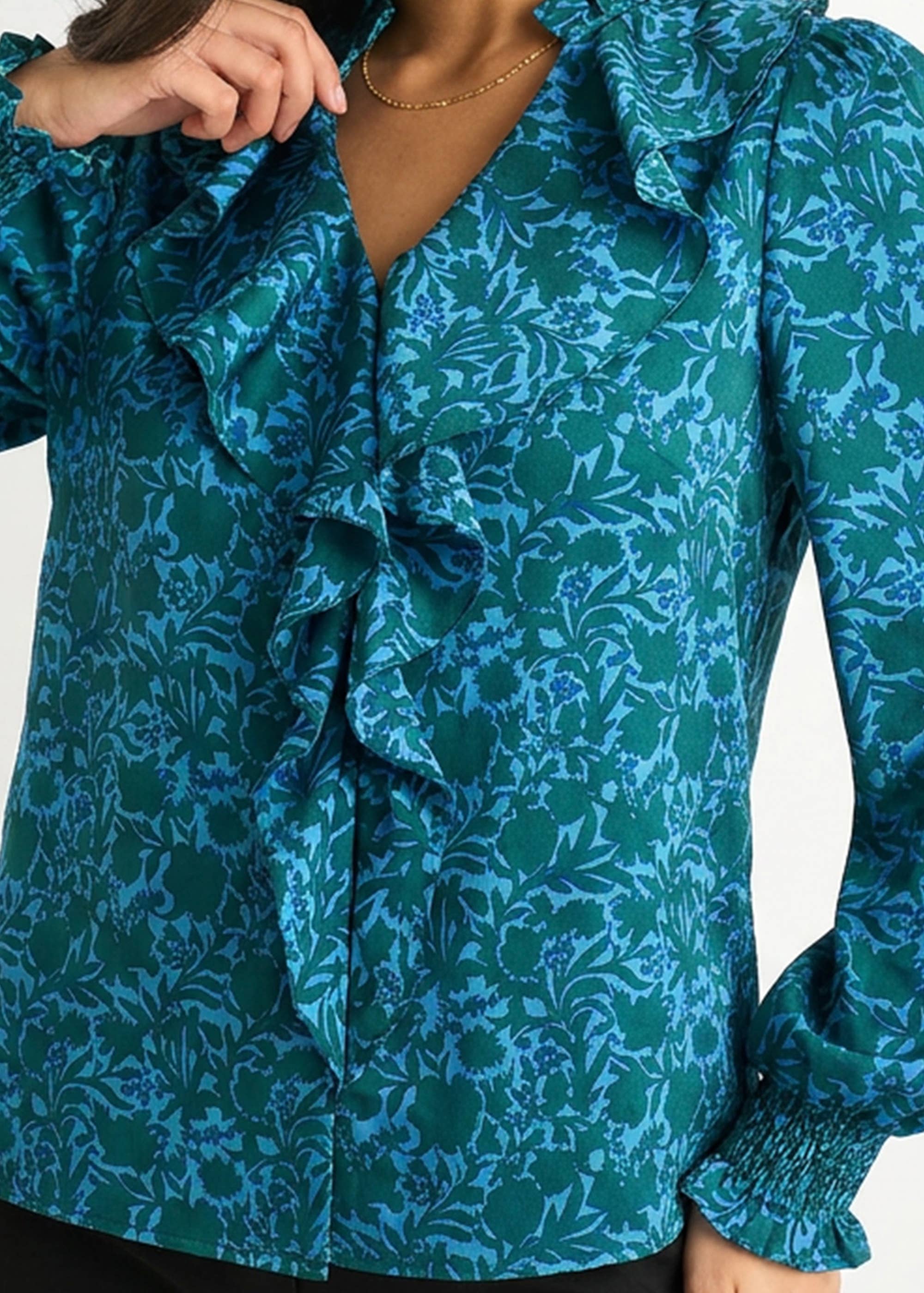 Blue Floral Print Ruffle Front Blouse