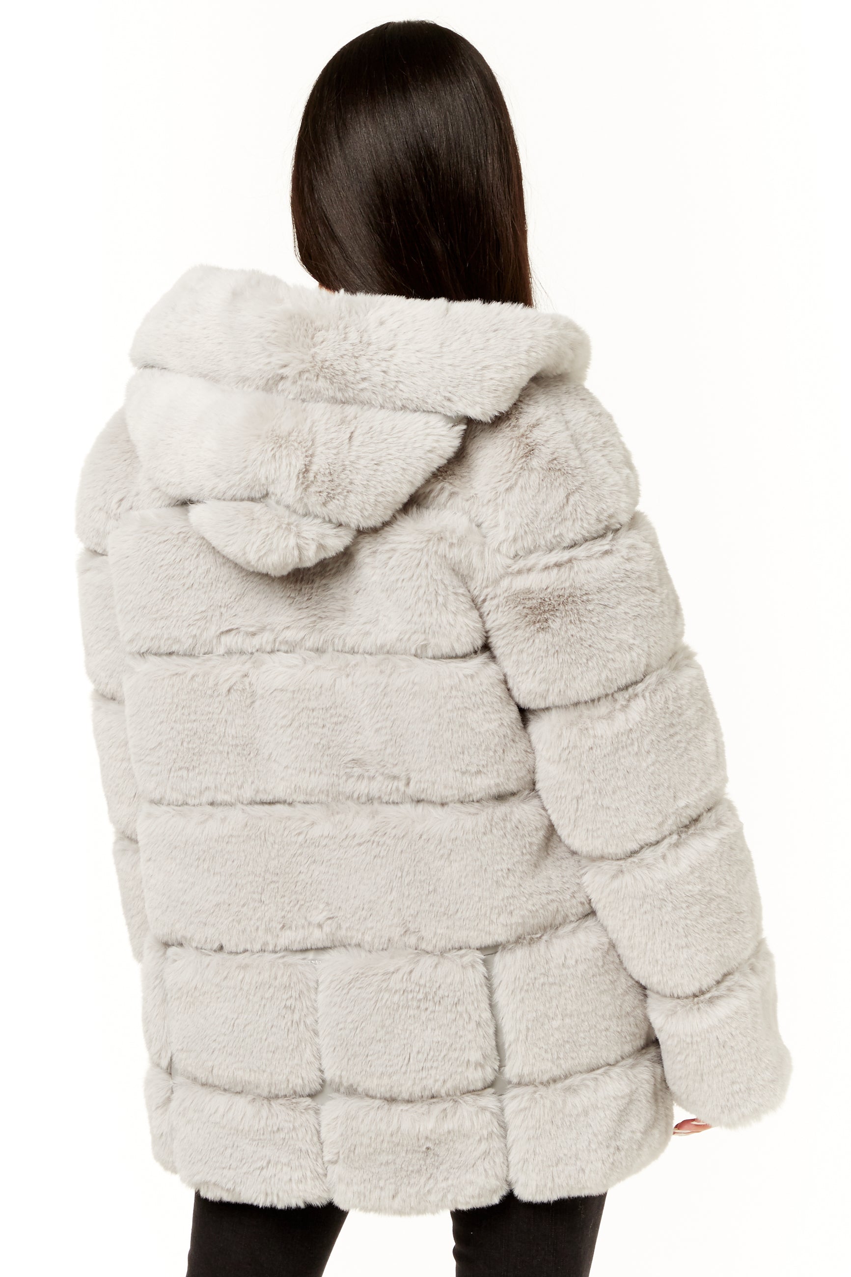 Silver Horizontal Cut Fur Hooded Jacket