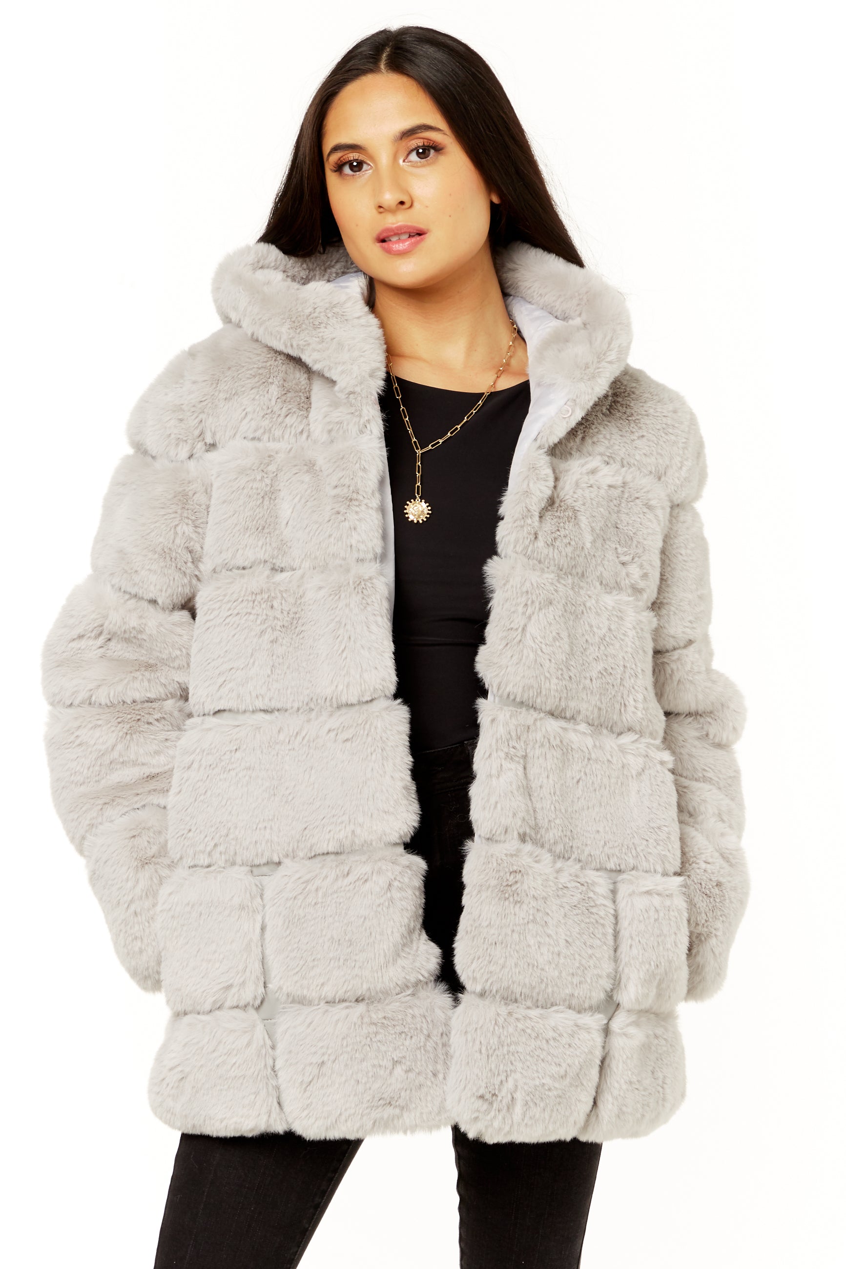 Silver Horizontal Cut Fur Hooded Jacket