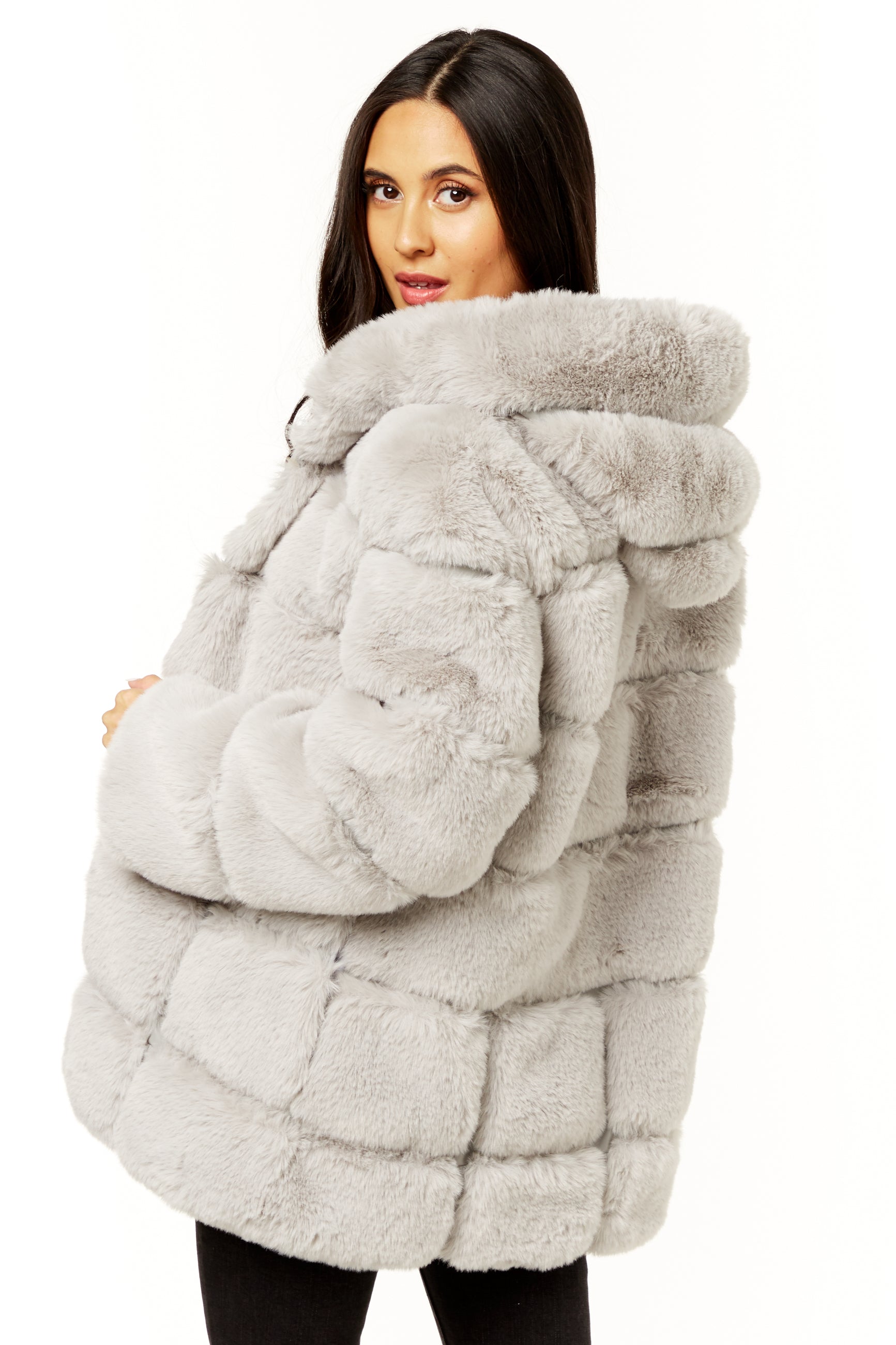 Silver Horizontal Cut Fur Hooded Jacket