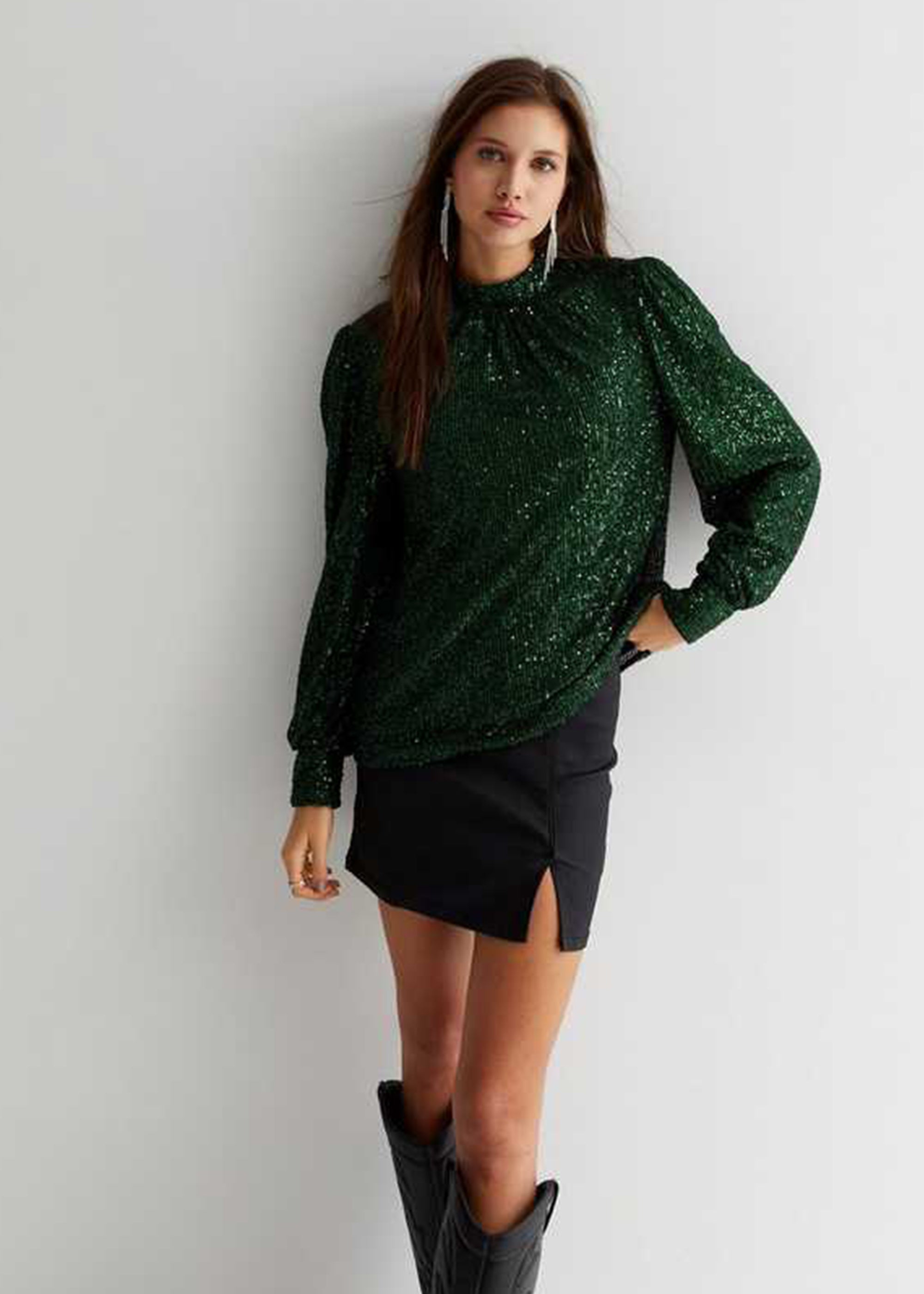 Green Sequin High Neck Loosefit Blouse