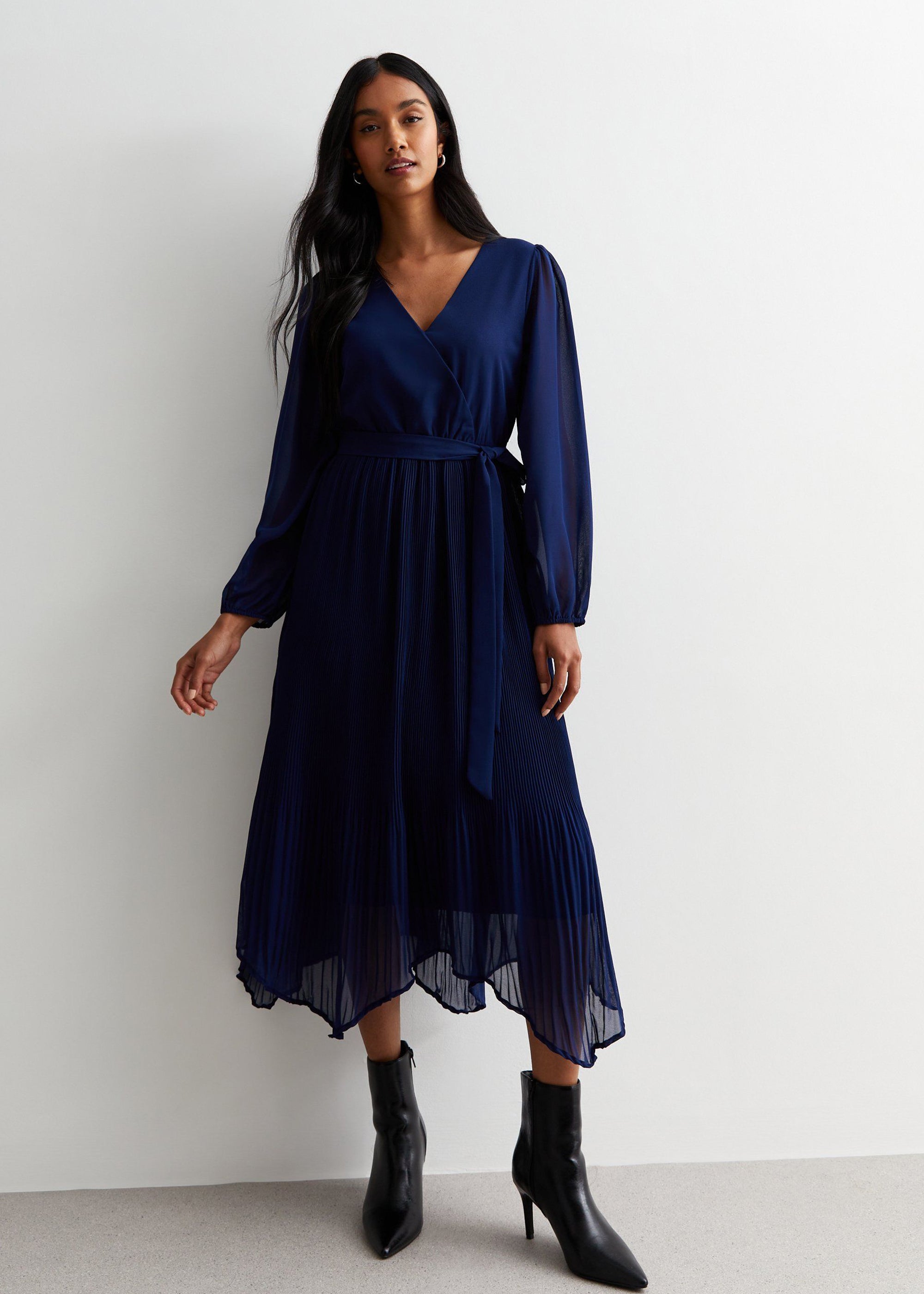 Navy Pleated Hanky Hem Wrap Midi Dress