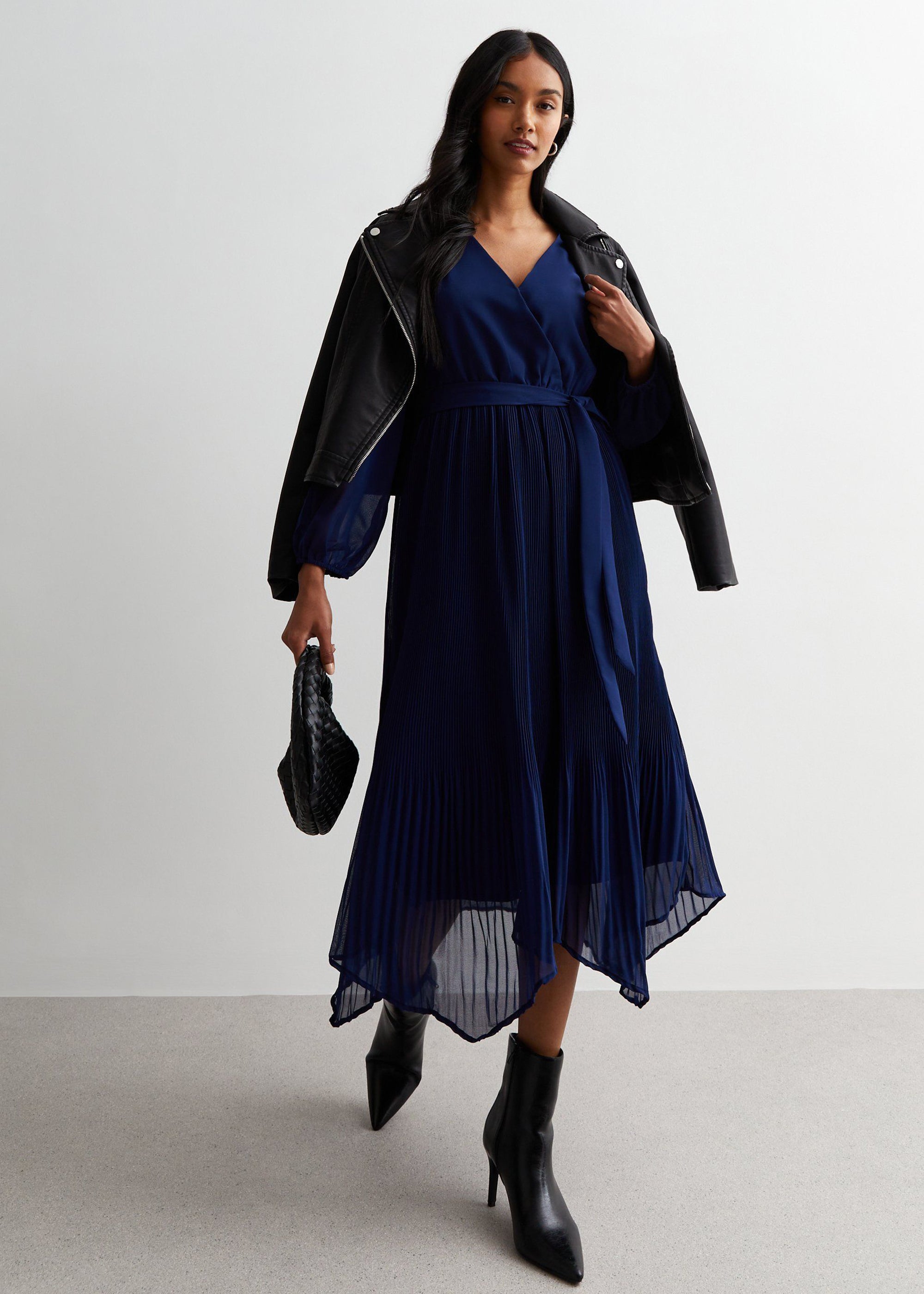 Navy Pleated Hanky Hem Wrap Midi Dress