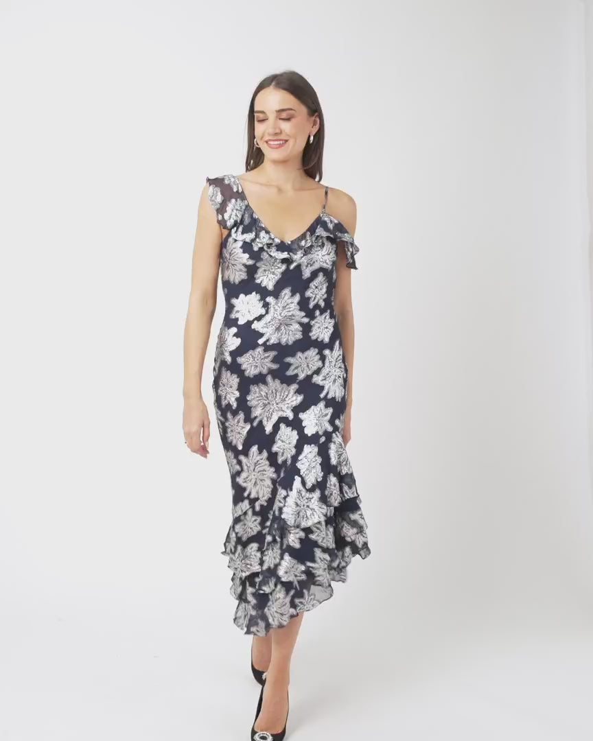 Navy Floral Clipped Tiered Ruffle Midi Dress