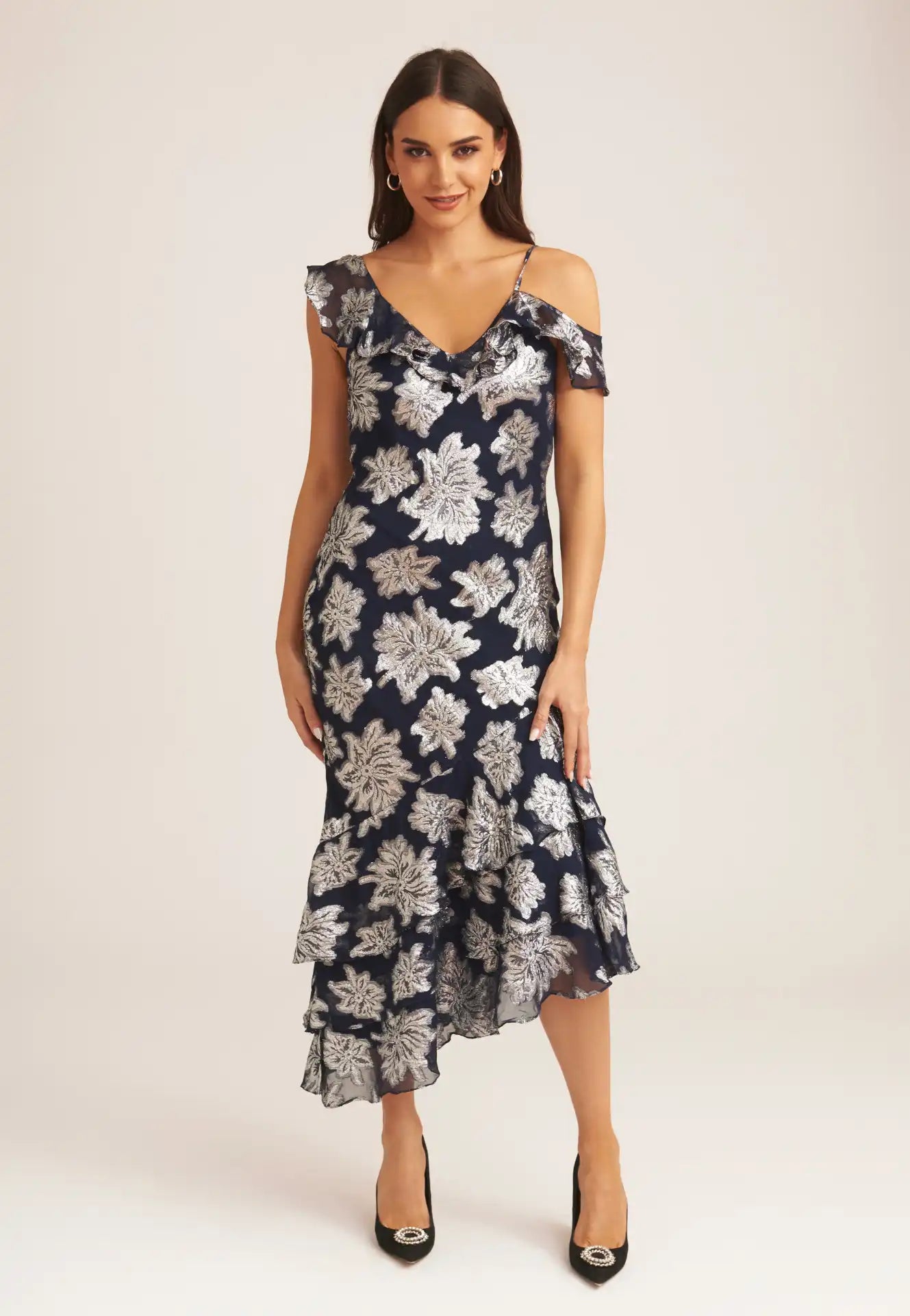 Navy Floral Clipped Tiered Ruffle Midi Dress