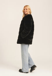 Black Diagonal Cut Faux Fur Long Sleeve Jacket