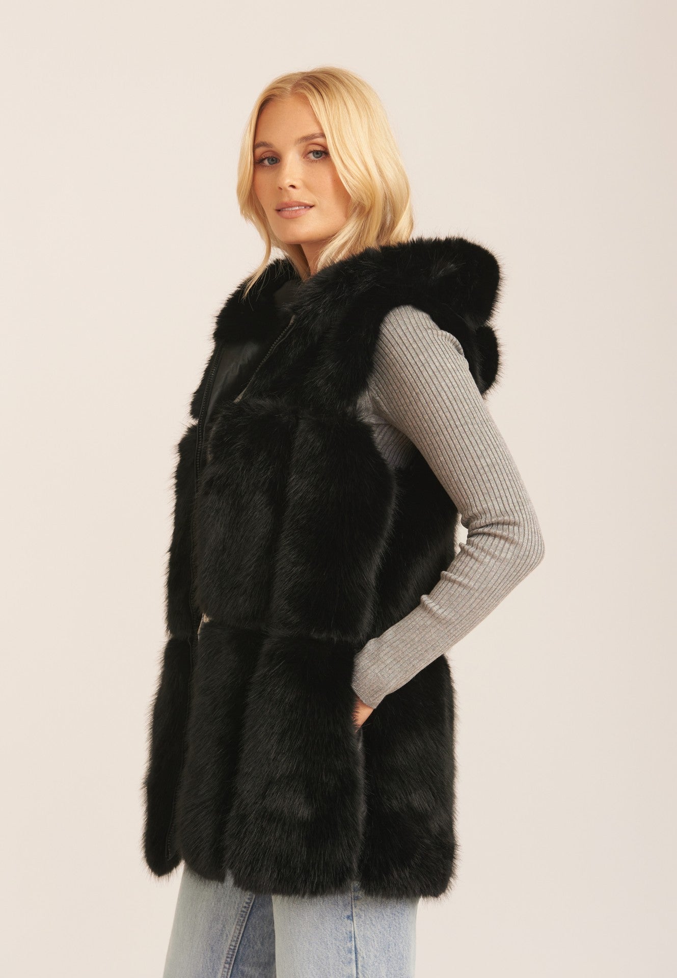 Black Soft Touch Fur Longline Gilet