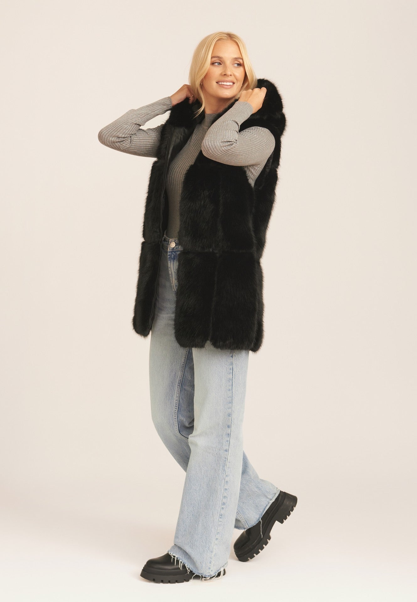 Black Soft Touch Fur Longline Gilet