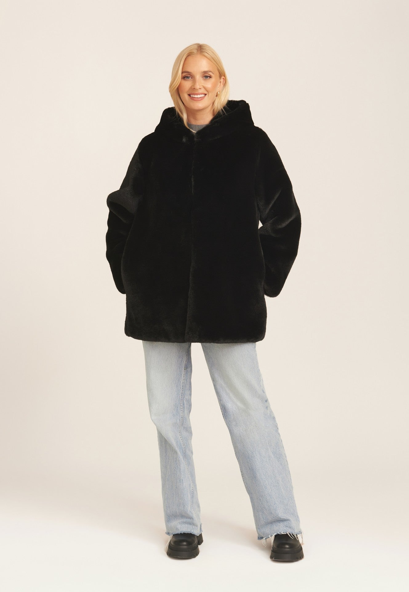 Black Hooded Long Sleeve Faux Fur Jacket