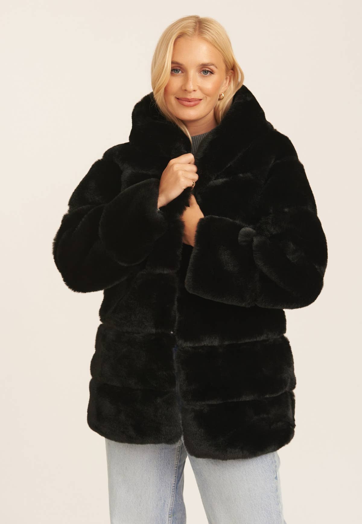 Black Horizontal Cut Fur Hooded Jacket – View 1 | Gini London