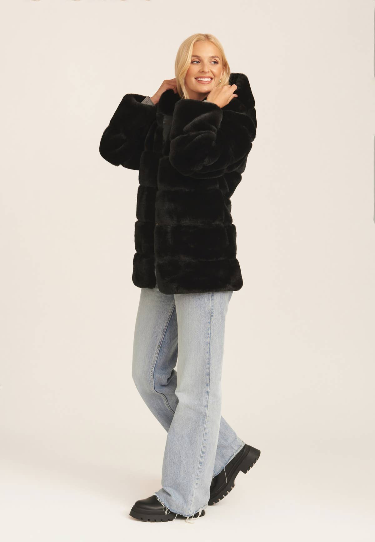 Black Horizontal Cut Fur Hooded Jacket – View 2 | Gini London